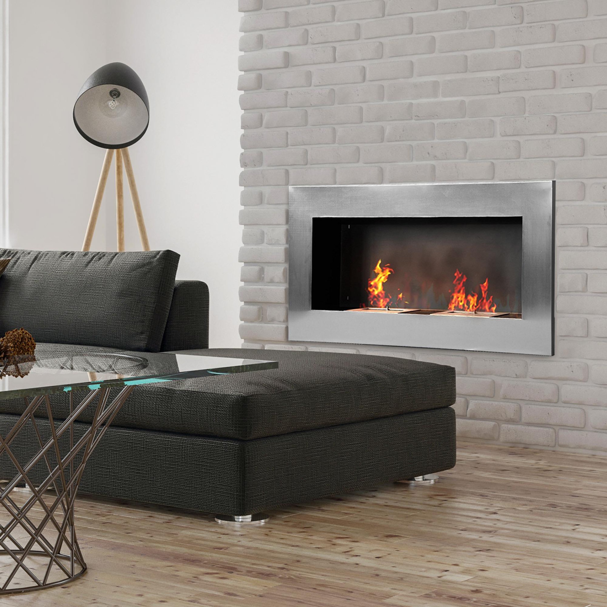Voir la diapositive 2 : HOMCOM Cheminée bioéthanol murale design bauhaus double brûleur 3 l 110l x 14l x 54h cm couverture 25-30 m² acier inox. Brossé