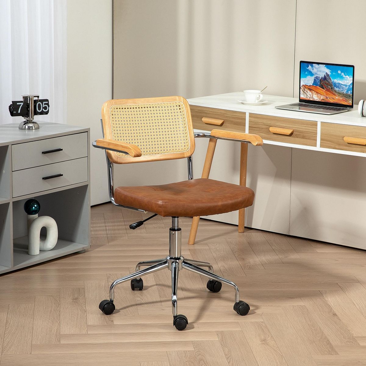 HOMCOM Chaise de bureau style vintage - réglable, pivotante - acier chromé bois aspect rotin assise effet capitonné