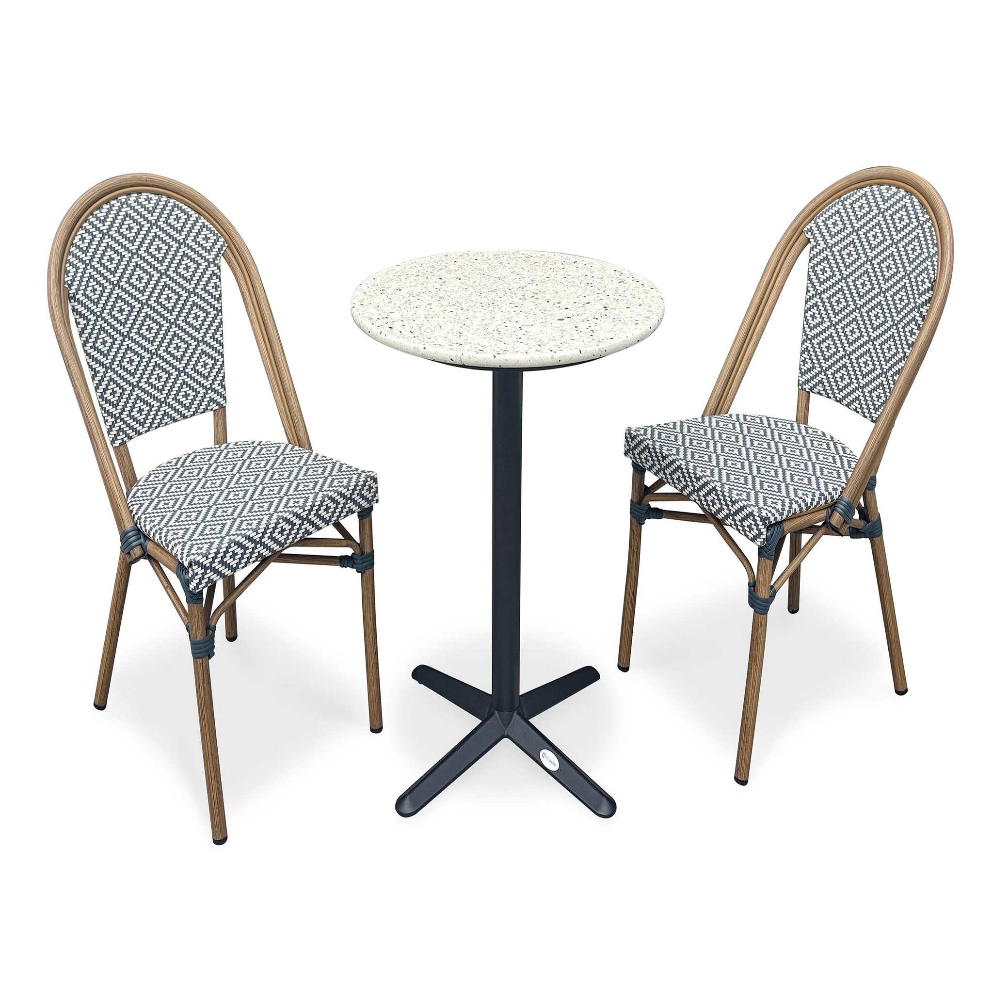 DCB GARDEN Ensemble repas de jardin en acier et plateau rond terrazzo (2 places)