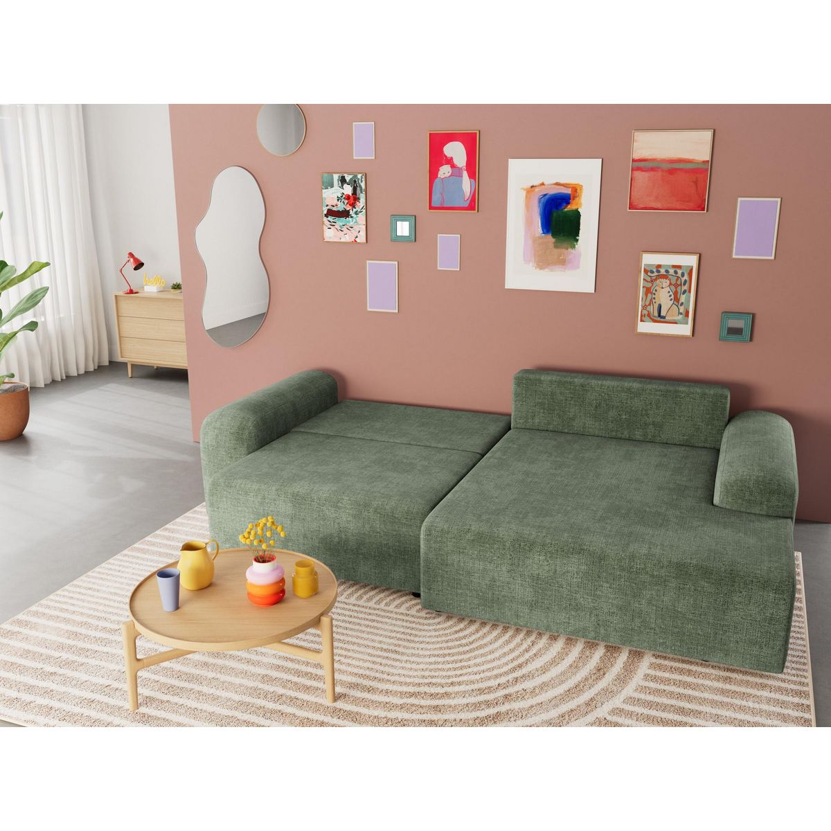 BEST MOBILIER Rebecca - canapé d'angle droit 4 places convertible avec coffre en velours texturé