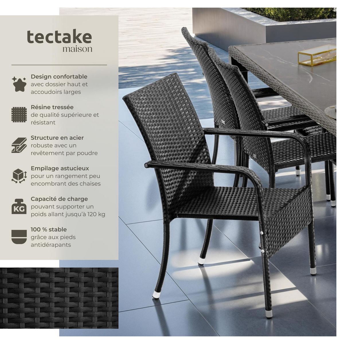 tectake Chaise en résine tressée résistante et durable noir 4 pièces