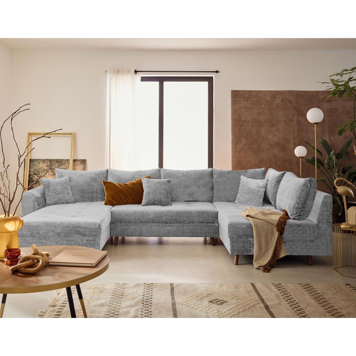 LISA DESIGN Rune - canapé panoramique d'angle droit 7 places en velours texturé