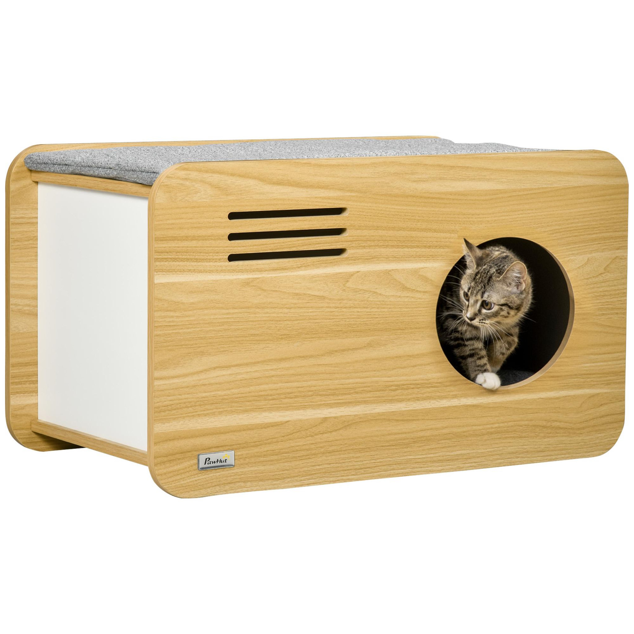 Voir la diapositive 1 : PAWHUT Maison pour chat design poste de radio - niche chat panier chat - 2 coussins + grattoir sisal amovibles - MDF panneaux aspect bois clair