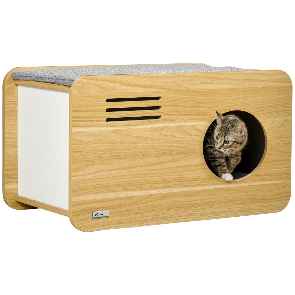 PAWHUT Maison pour chat design poste de radio - niche chat panier chat - 2 coussins + grattoir sisal amovibles - MDF panneaux aspect bois clair