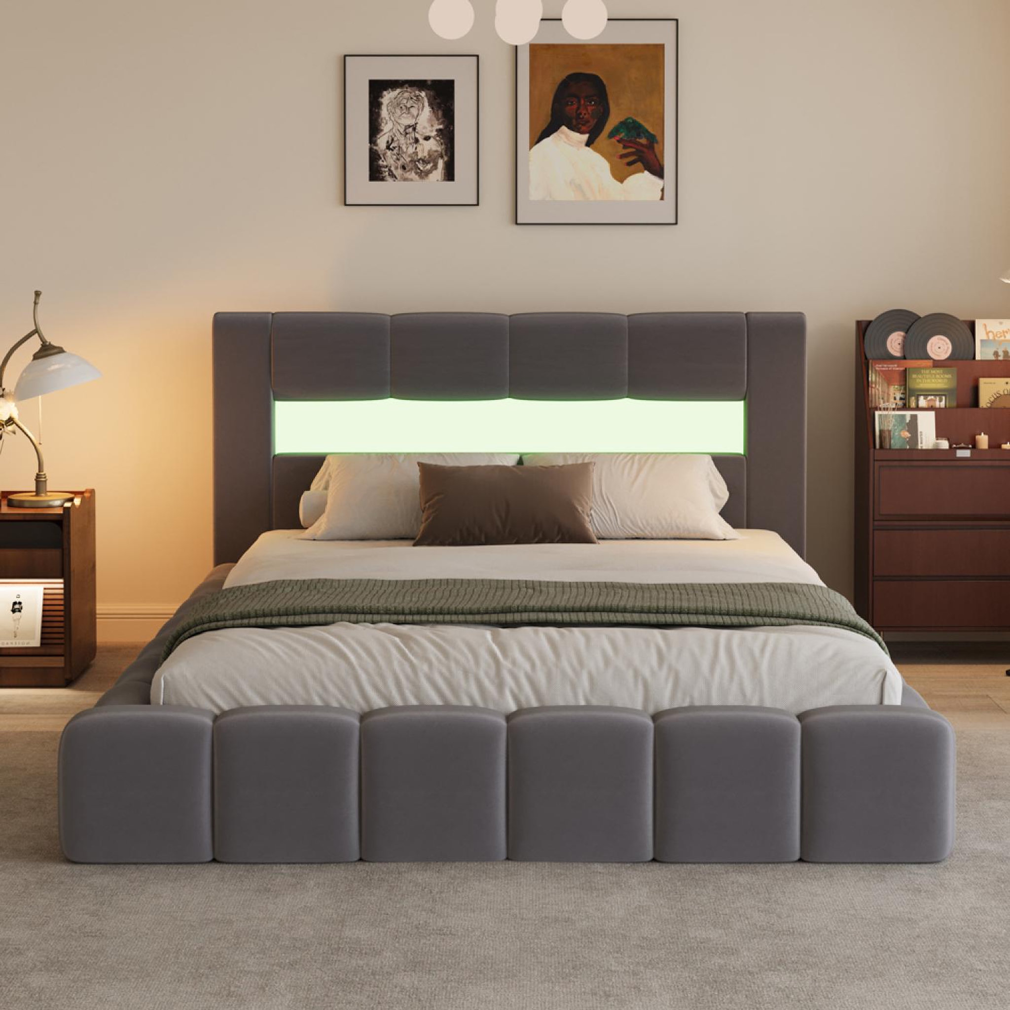 Voir la diapositive 4 : CONCEPT USINE Lit coffre led style nuage 180x200cm en velours gris avec tête de lit et sommier omaha