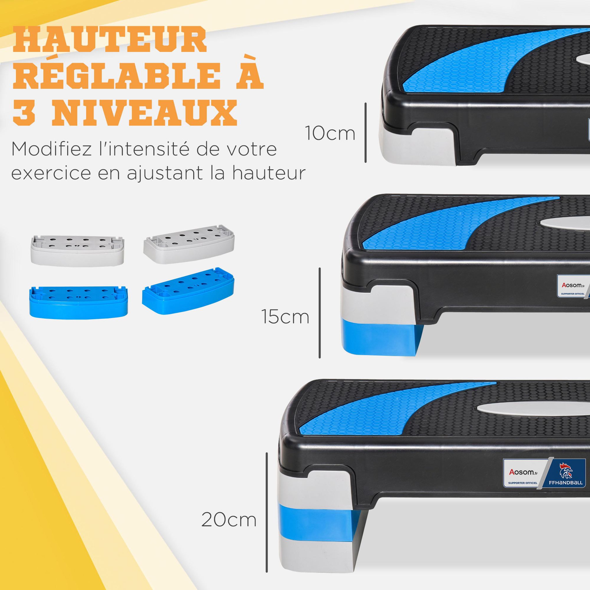 Voir la diapositive 4 : HOMCOM Stepper fitness aerobic - collaboration aosom.fr x ffhandball - hauteur reglable surface antiderapante - noir bleu