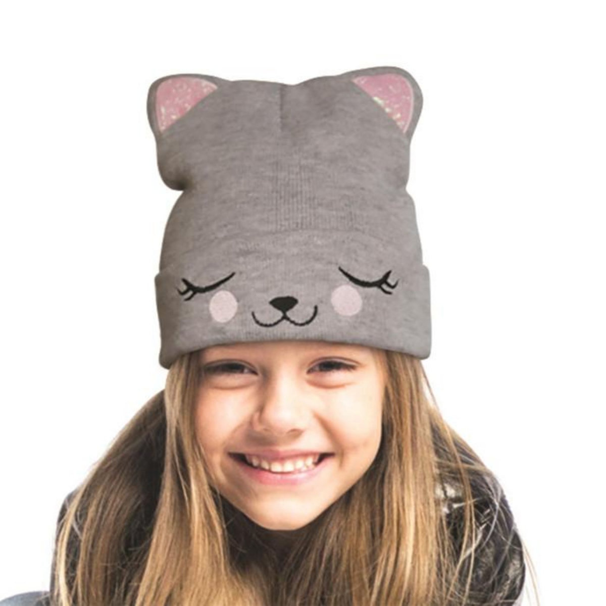 Paris Prix Bonnet Enfant  Chat  21cm Gris & Rose
