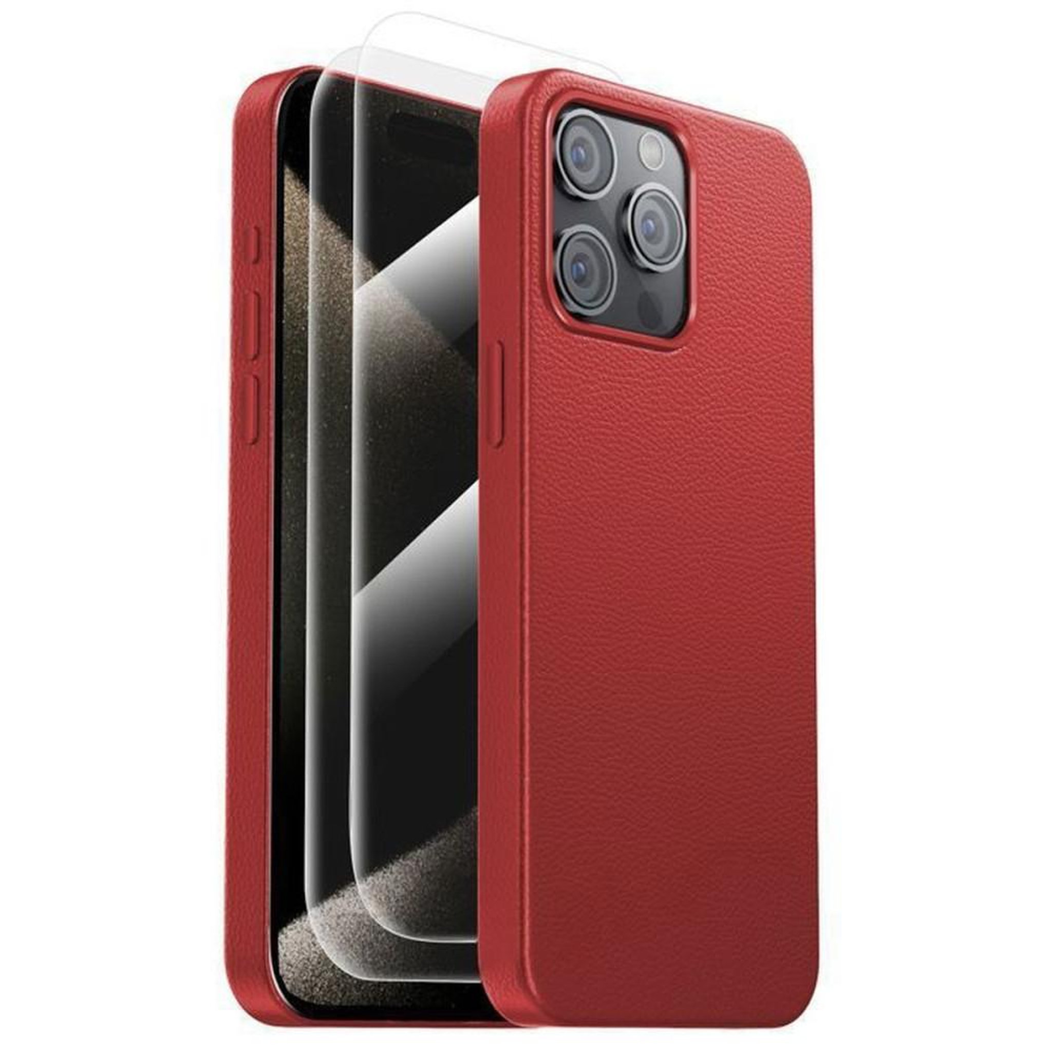 Coque hybride cuir et TPU pour iPhone 15 Pro Max 6,7  compatible MagSafe, rouge, finition grainée