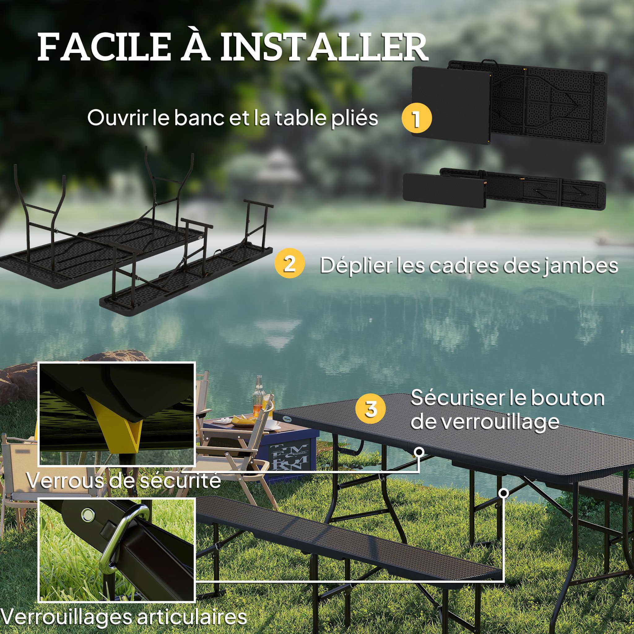 Voir la diapositive 5 : OUTSUNNY Ensemble table 2 bancs pliables avec poignées - usage pique-nique camping - métal époxy hdpe effet rotin noir