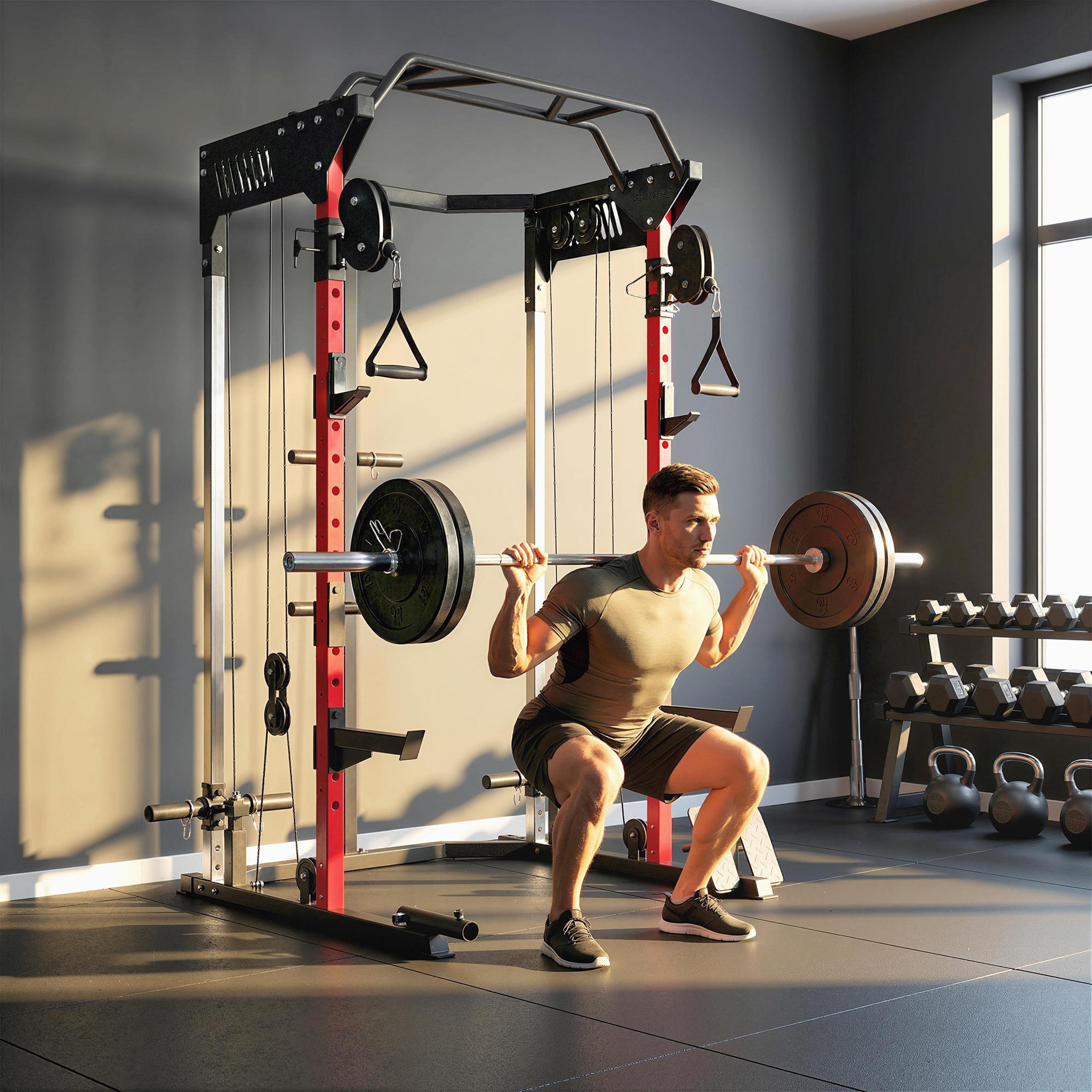 Voir la diapositive 6 : HOMCOM Station de musculation - power rack 900kg double poulie réglable 19 niveaux - acier - 168x128x215cm -noir