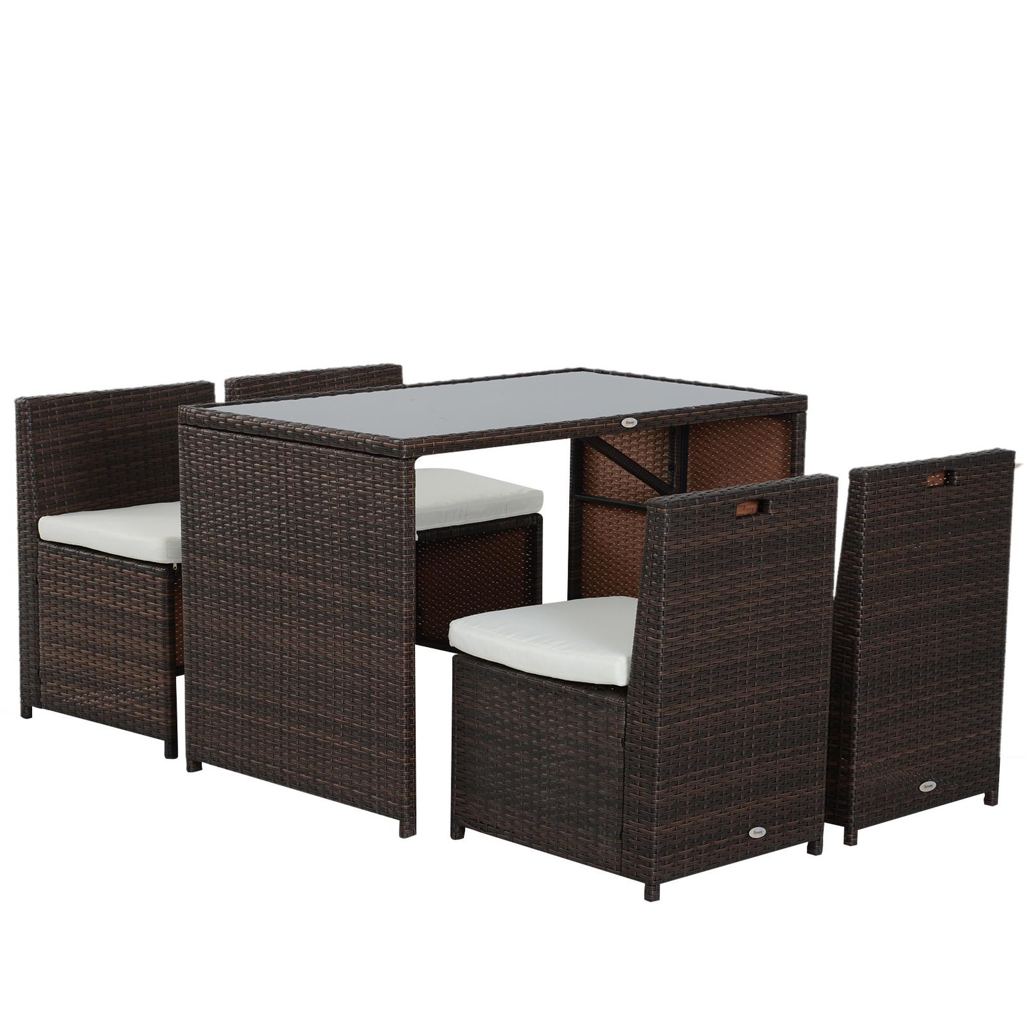 Voir la diapositive 3 : OUTSUNNY Ensemble salon de jardin encastrable 4 chaises monoblocs avec coussins déhoussables et table résine tressée chocolat