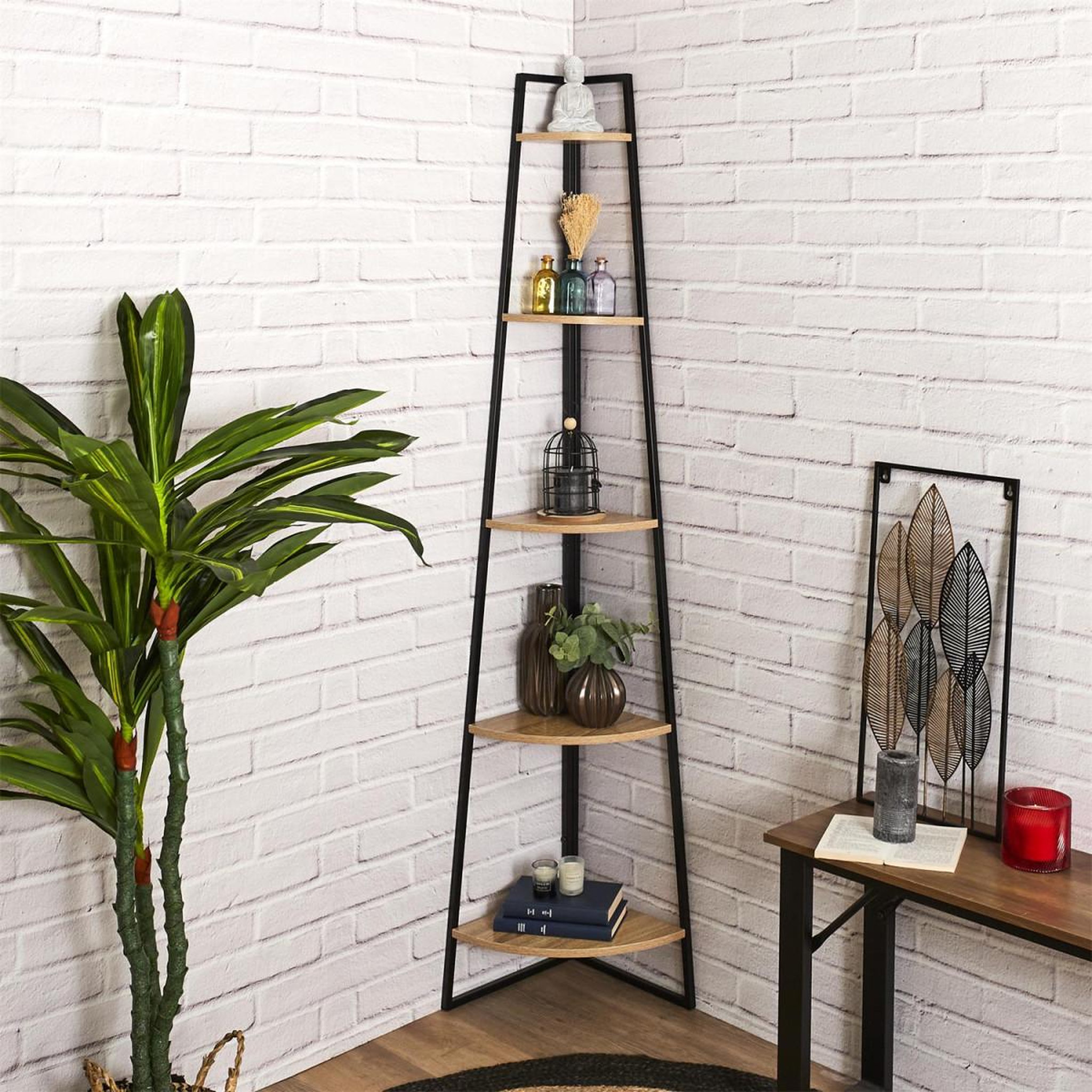 Voir la diapositive 4 : The Home Deco Factory Étagère d'Angle 5 Niveaux  Essentiel  180cm Naturel & Noir