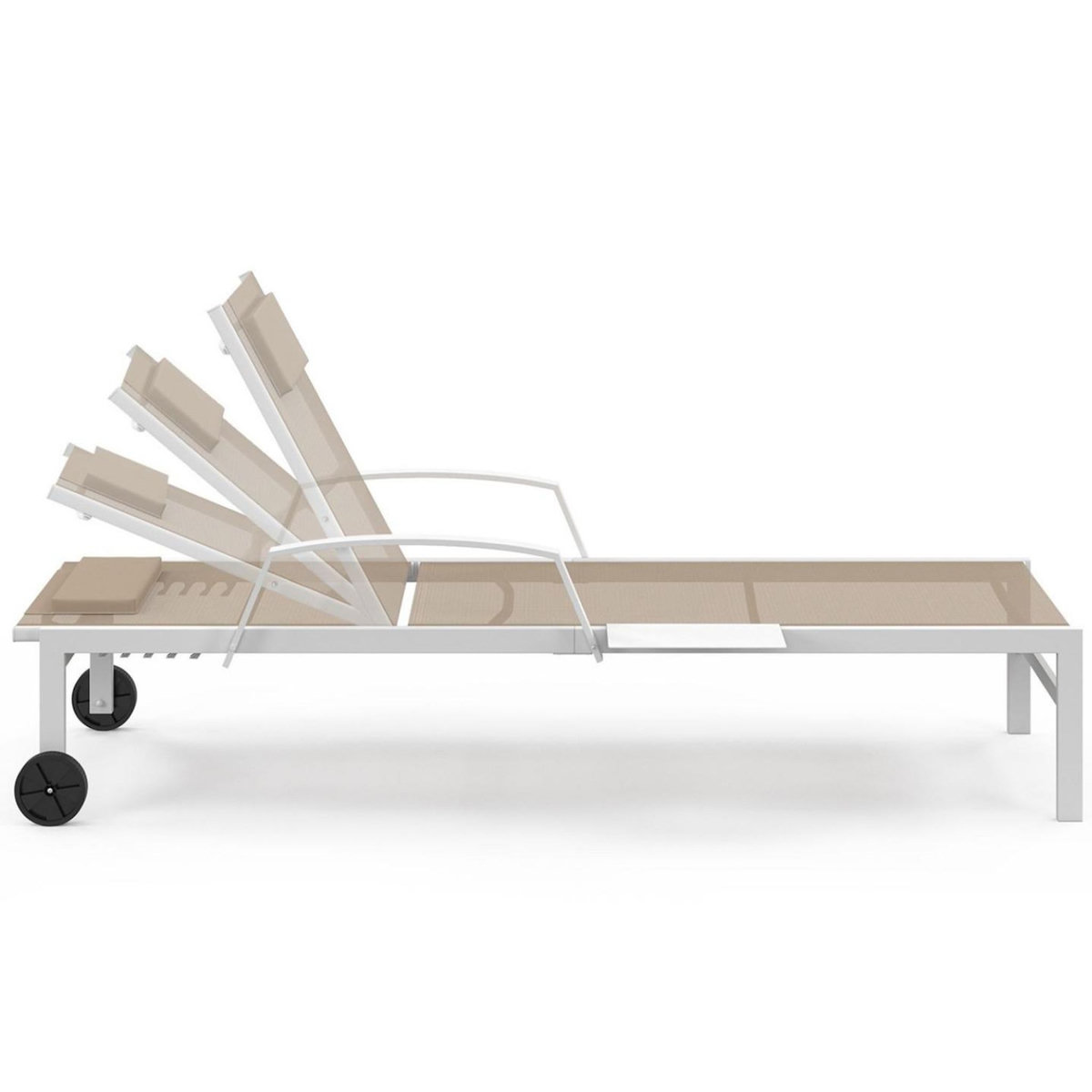 ID MARKET Lot de 2 transats de jardin inclinables JAVA avec tablettes en acier blanc et toile beige