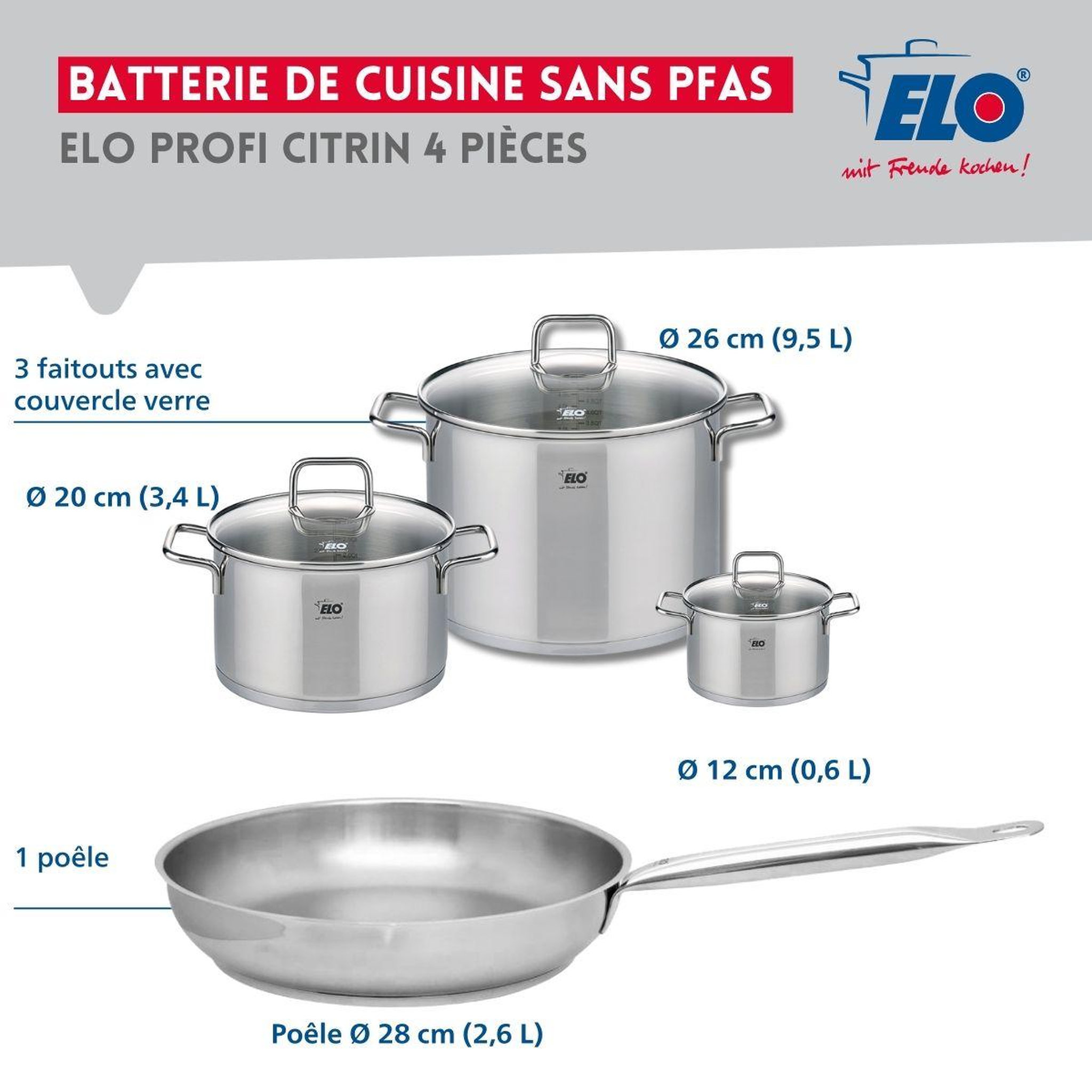 Voir la diapositive 2 : ELO Ensemble de 1 poêle de cuisson 28 cm et 3 faitouts 12, 20 et 26 cm elo profi citrin