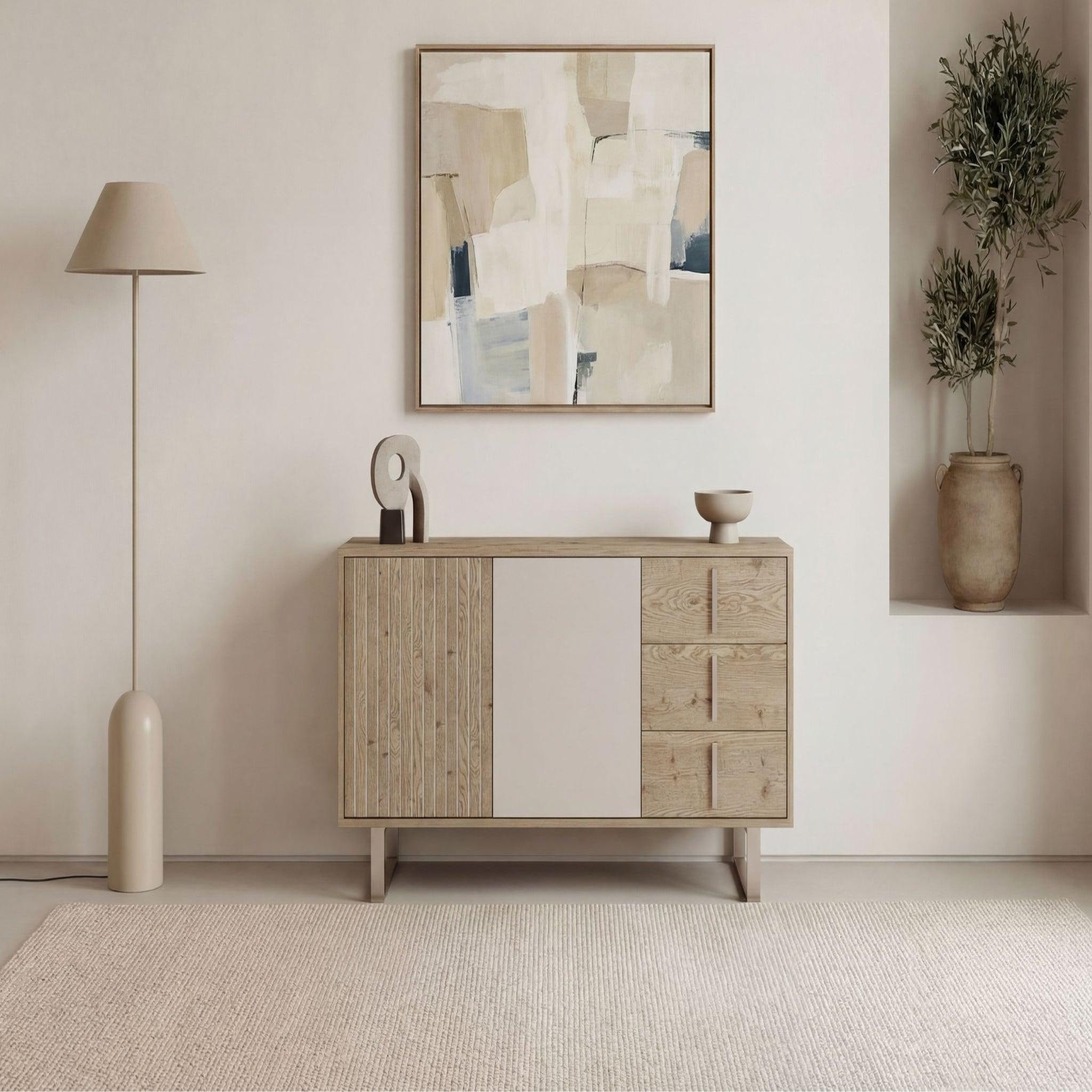 Voir la diapositive 2 : CASANOVA PARIS Minela - buffet 2 portes 140cm en mélamine - chêne clair