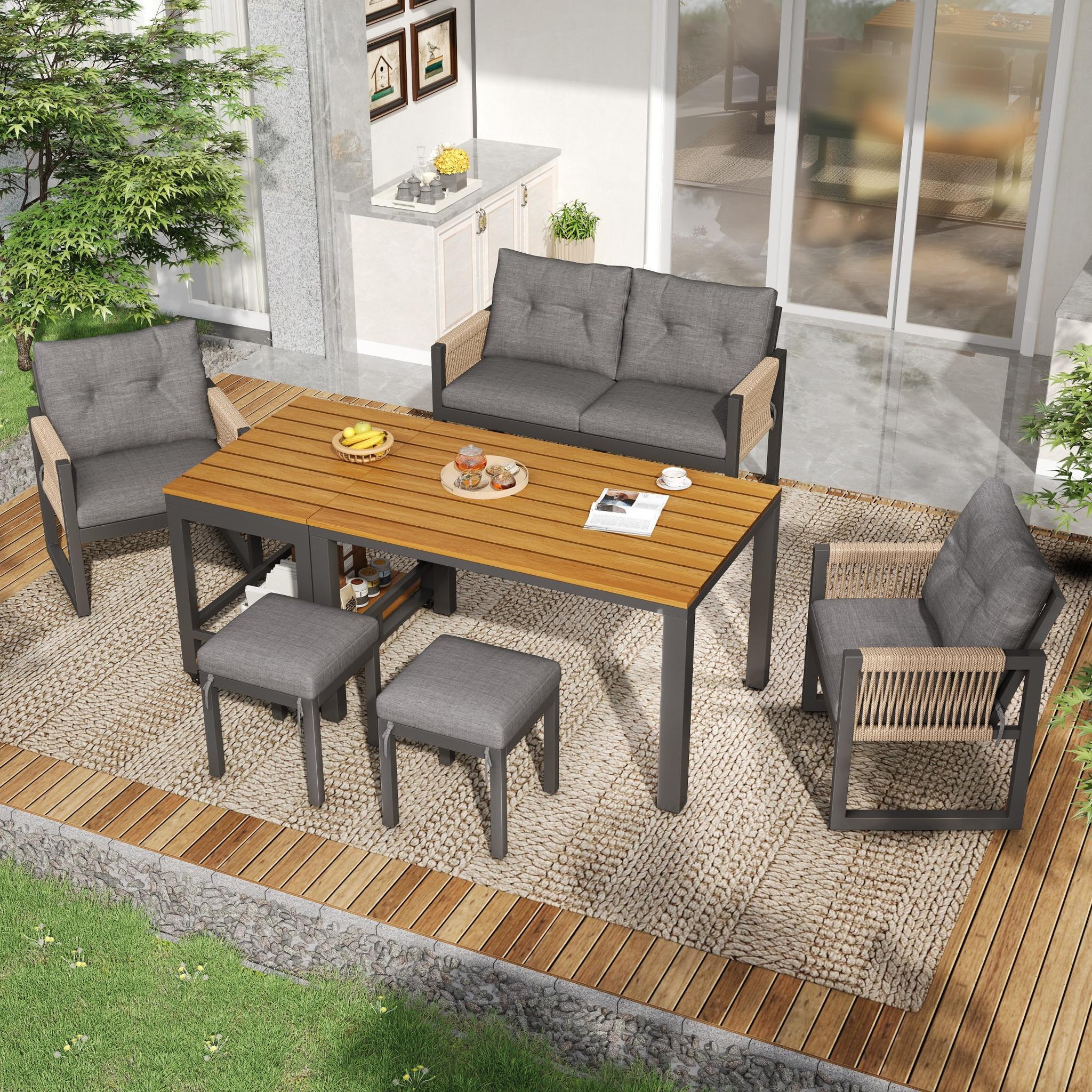Voir la diapositive 2 : MERAX Salon de jardin 6 places avec canapé 2 places, 2 fauteuils, 2 poufs et table amovible,gris bois