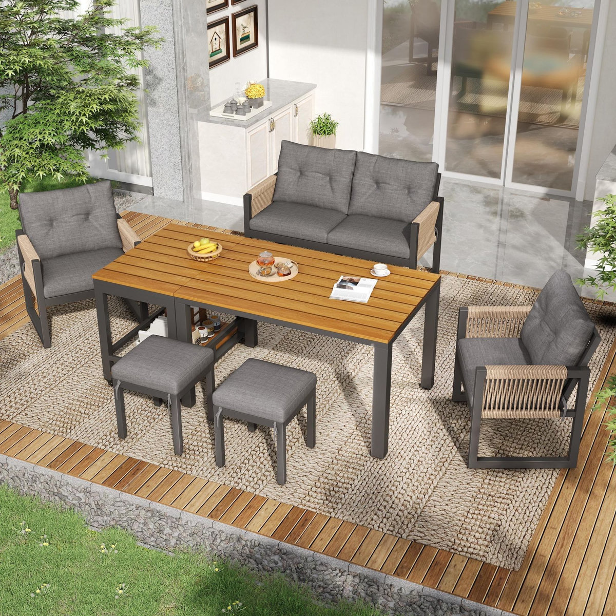 MERAX Salon de jardin 6 places avec canapé 2 places, 2 fauteuils, 2 poufs et table amovible,gris bois