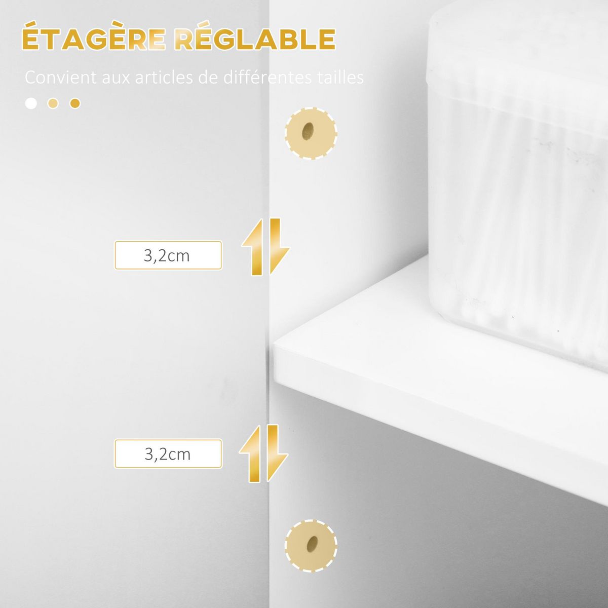 KLEANKIN Meuble bas de salle de bain design - porte, étagère, tiroir, 2 niches, 1 tiroir - acier doré MDF blanc