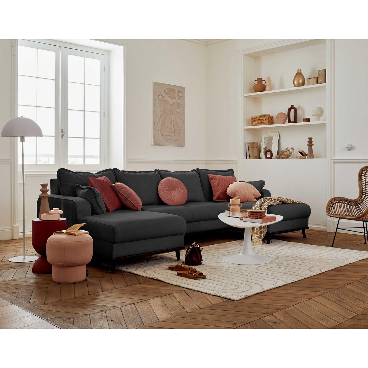 LISA DESIGN Albane - canapé panoramique en u - 7 places - convertible avec coffre - en velours côtelé