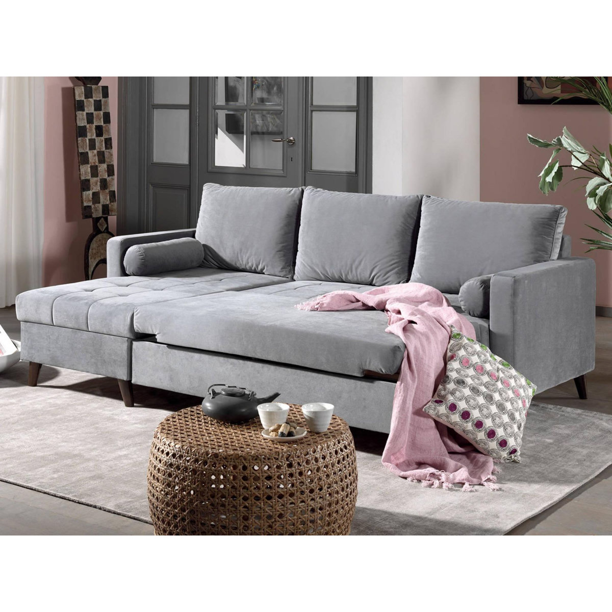 BEST MOBILIER Polar - canapé d'angle réversible convertible - en velours au design scandinave - 4 places