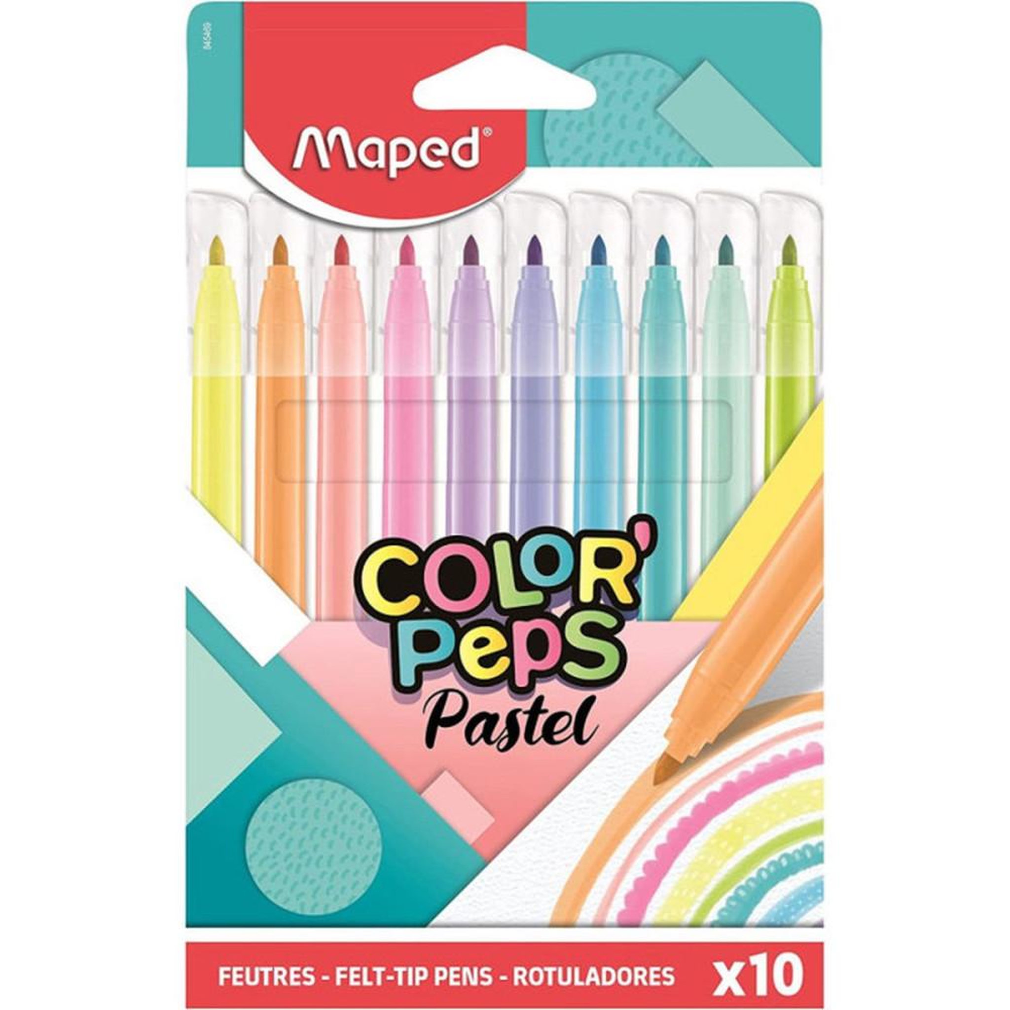 MAPED Lot de 10 marqueurs feutres lavables Color'Peps pastel, pointes feutre résistantes, couleurs pastel pour dessins et coloriage
