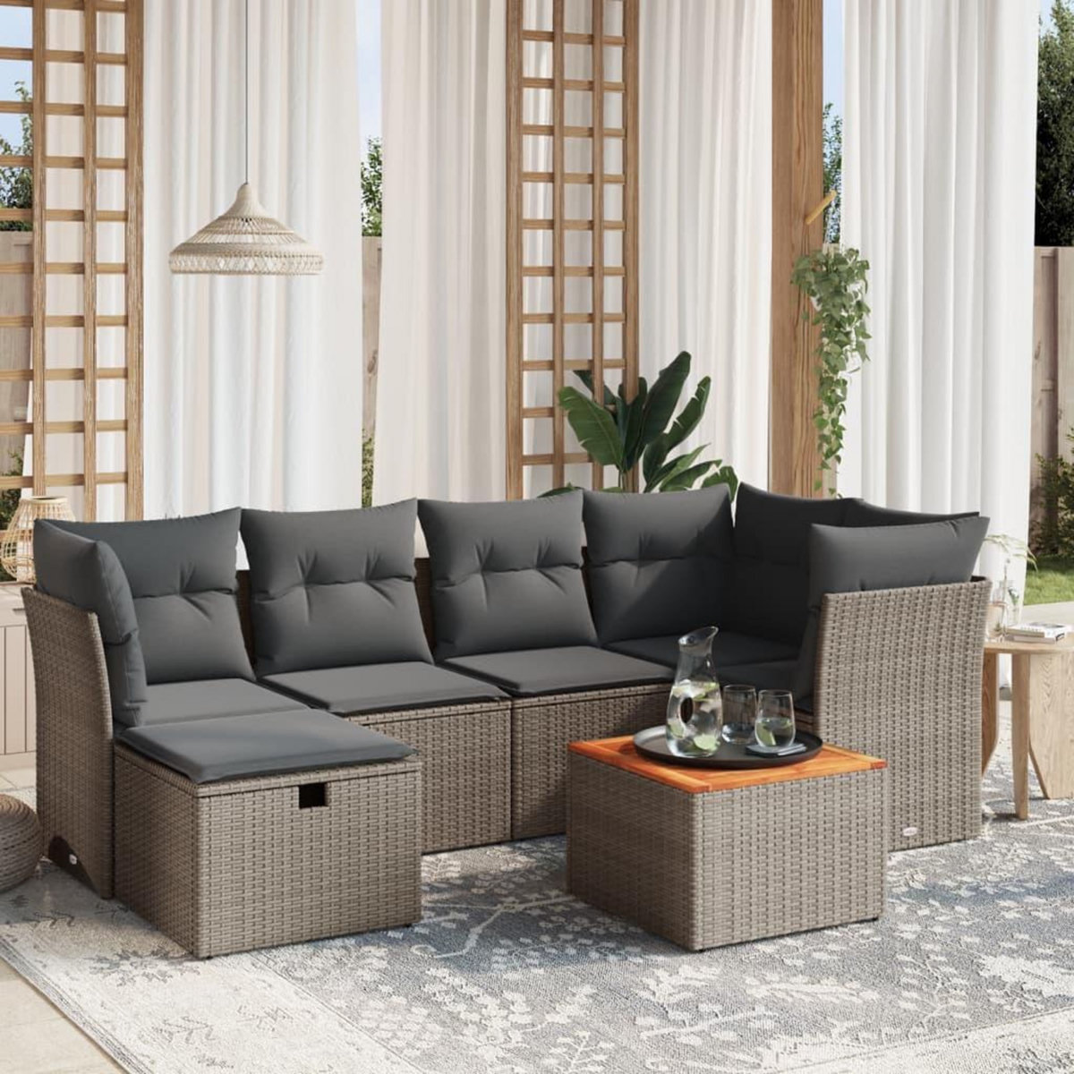 VIDAXL Salon de jardin avec coussins 7 pcs gris resine tressee