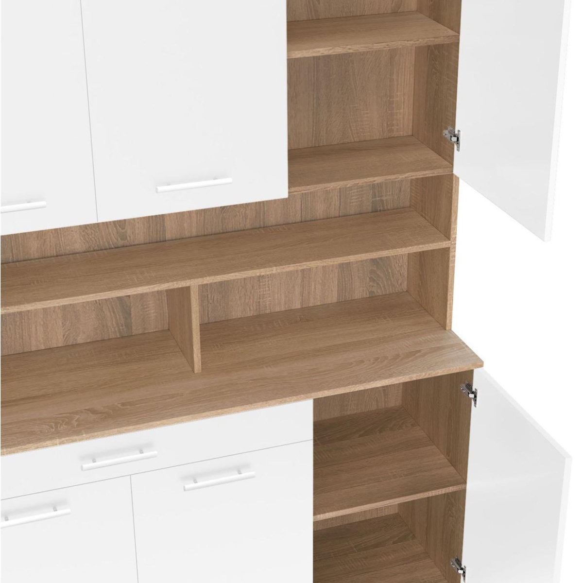 ID MARKET Buffet de cuisine 120 CM CINA 6 portes + tiroir façon hêtre et blanc