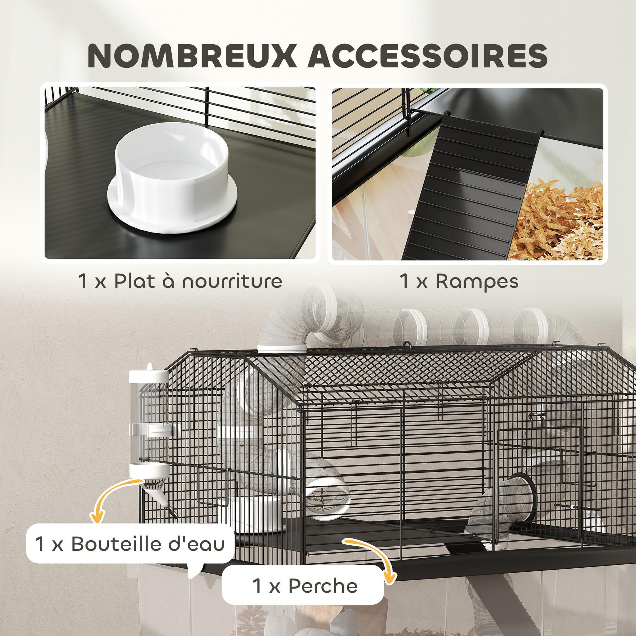 Voir la diapositive 6 : PAWHUT Cage pour hamster sur roulettes - cage à rongeur 2 portes - accessoires multiples - acier noir PP transparent