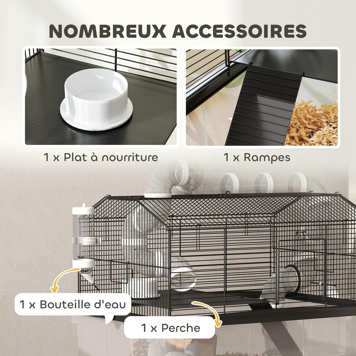 PAWHUT Cage pour hamster sur roulettes - cage à rongeur 2 portes - accessoires multiples - acier noir PP transparent
