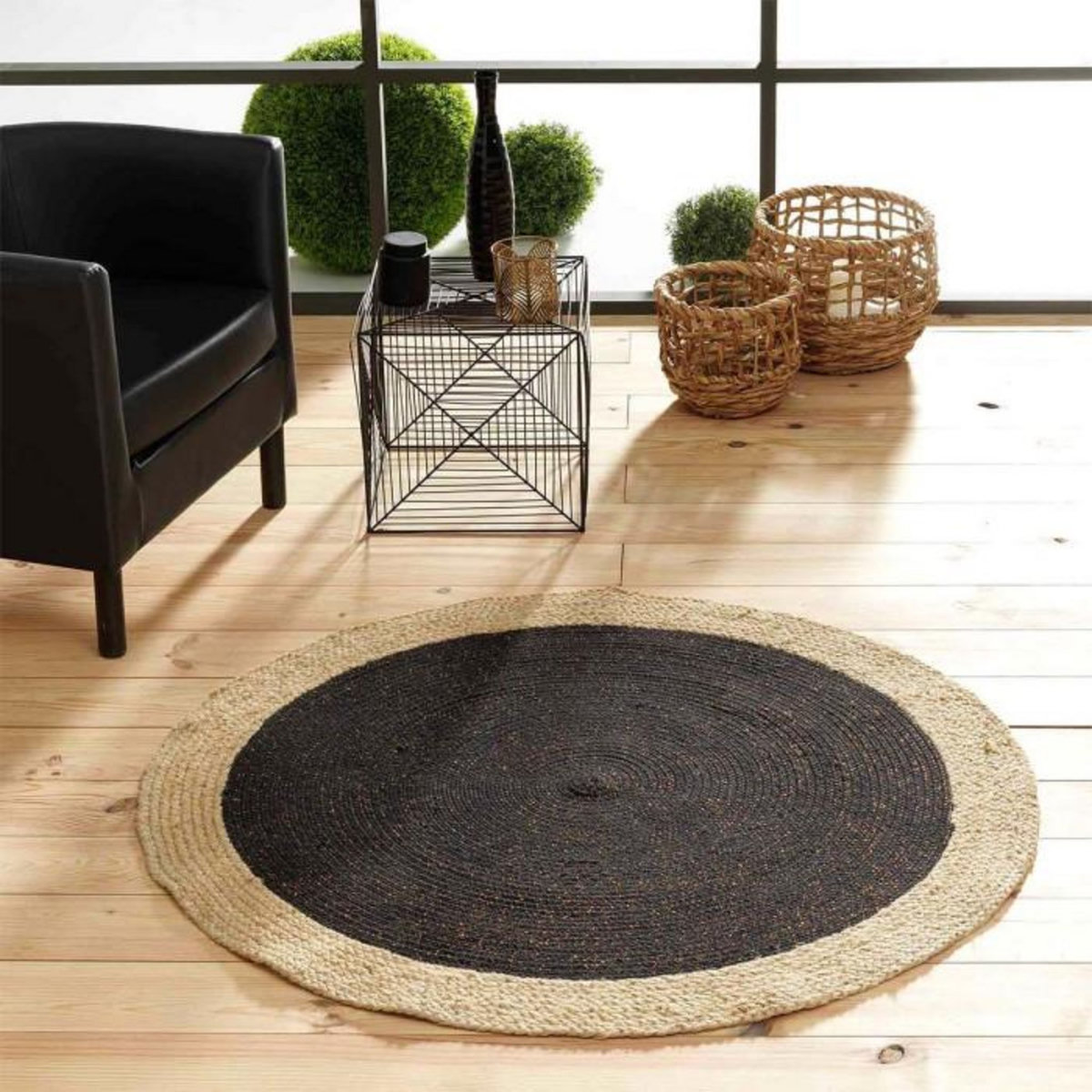 Paris Prix Tapis Déco Rond en Jute  Mario  120cm Noir & Or