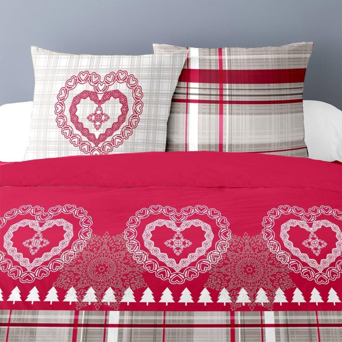 Dourev Housse de couette 260x240 Cœur de charme + 2 taies coton flanelle