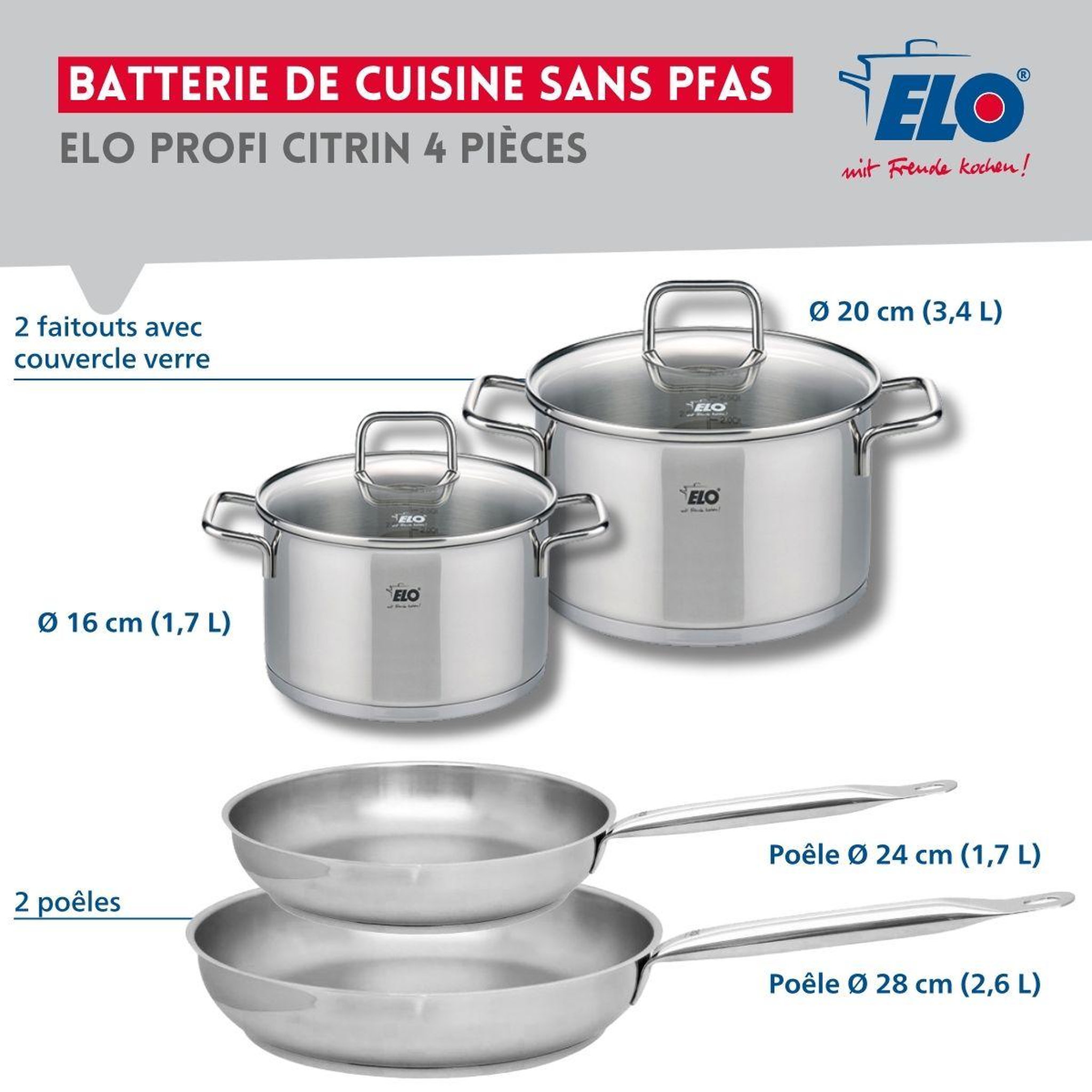 Voir la diapositive 2 : ELO Set de 2 poêles de cuisson 24 et 28 cm et 2 faitouts 16 et 20 cm elo profi citrin