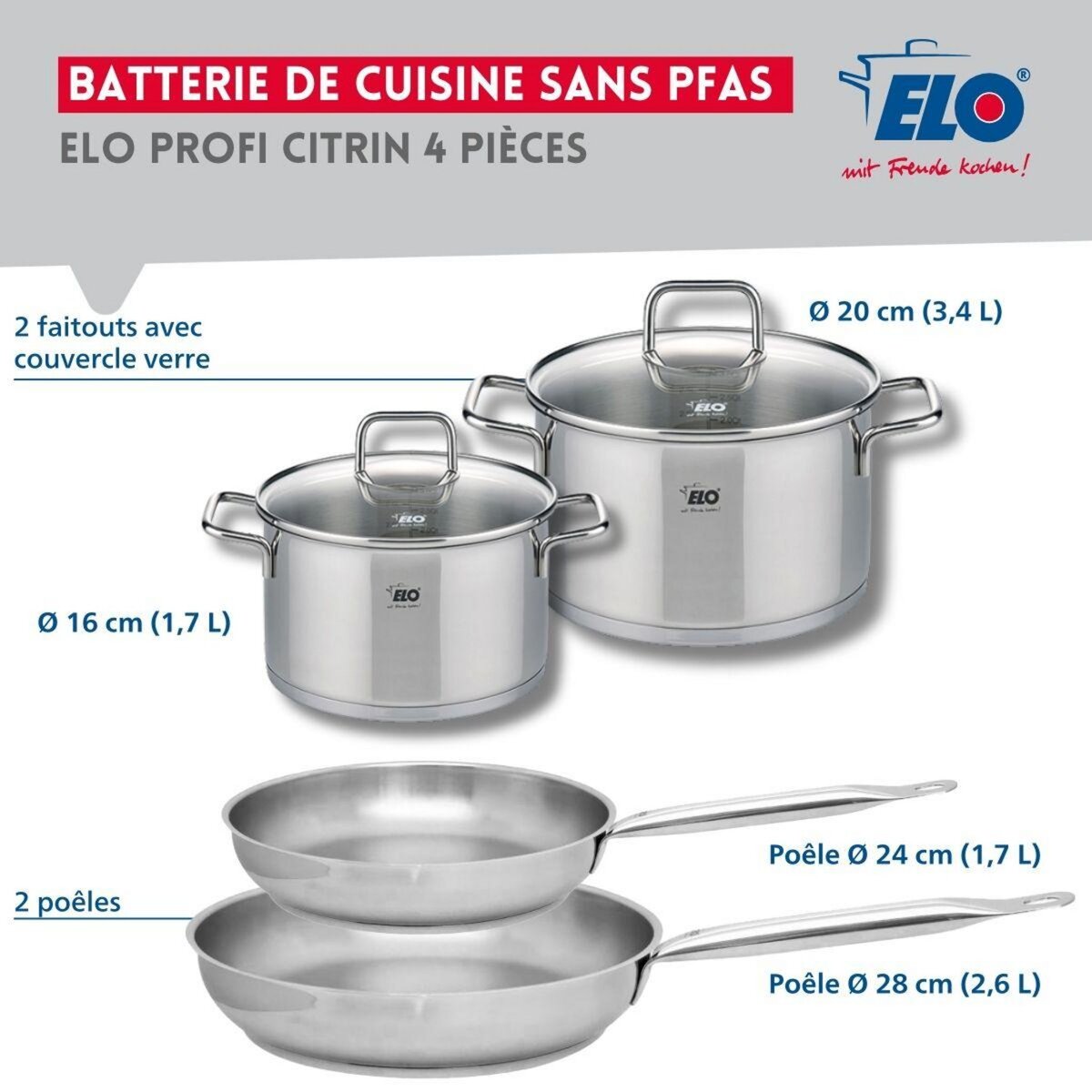 ELO Set de 2 Poêles de cuisson 24 et 28 cm et 2 faitouts 16 et 20 cm Elo Profi Citrin