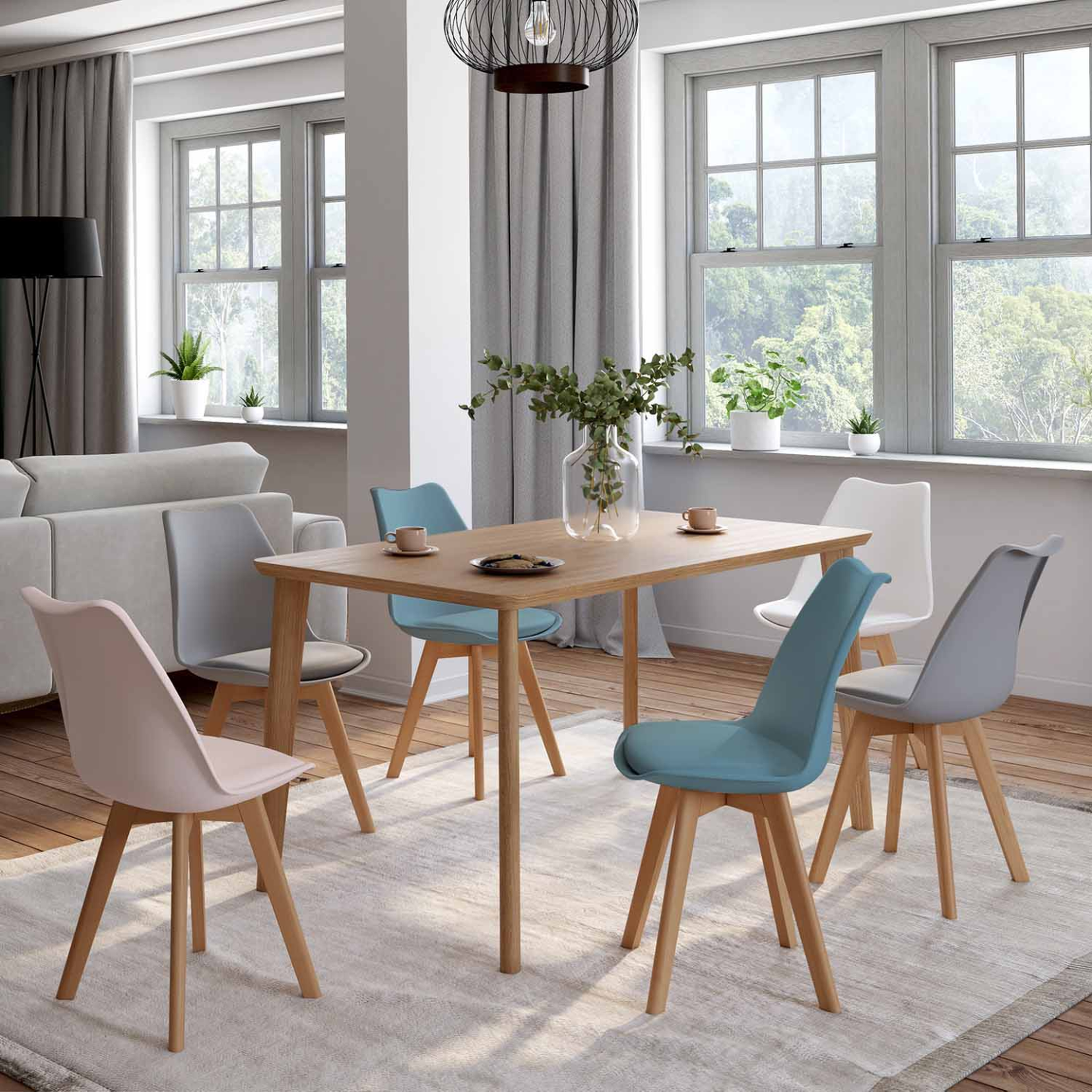 Voir la diapositive 2 : ID MARKET Lot de 6 chaises scandinaves sara mix color pastel rose, blanc, gris clair x2, bleu x2
