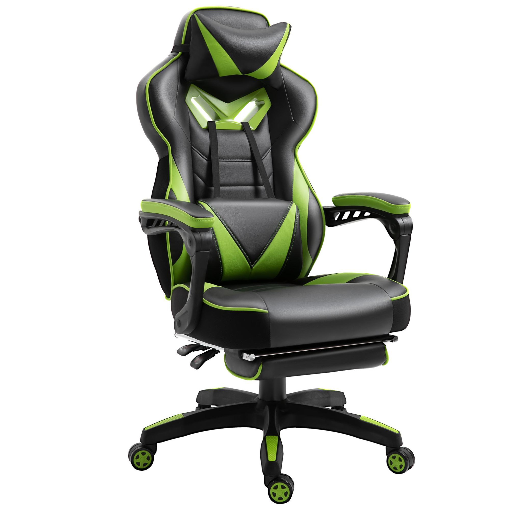 Voir la diapositive 1 : VINSETTO Vinsetto Fauteuil de bureau gamer style baquet racing - pivotant, inclinable - coussin lombaire, tétière, repose-pieds inclus - revêtement synthétique vert noir