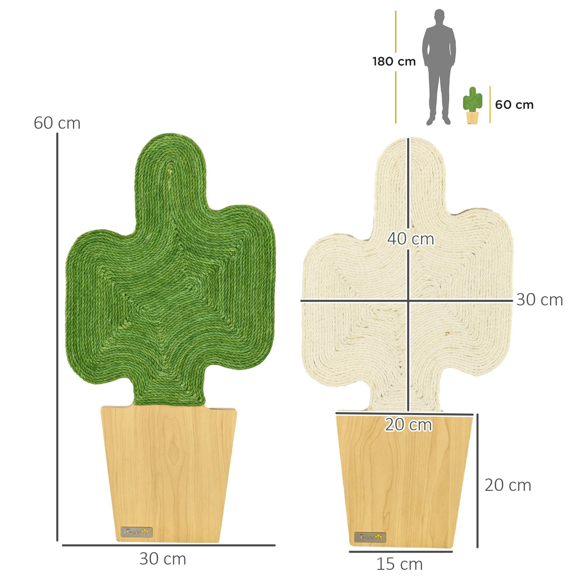 Voir la diapositive 3 : PAWHUT Lot de 2 griffoirs grattoirs murals design cactus dim. 30l x 60h cm jute naturelle écru verte aspect bois clair