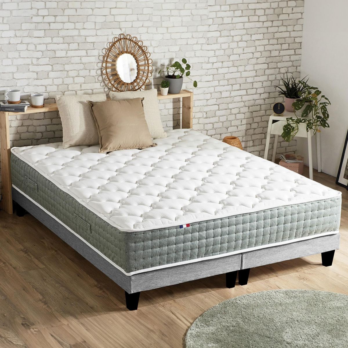 IDLITERIE Ensemble matelas Ressort 7 zones HYGGE + Sommier + couette + oreillers Fabriqué en France
