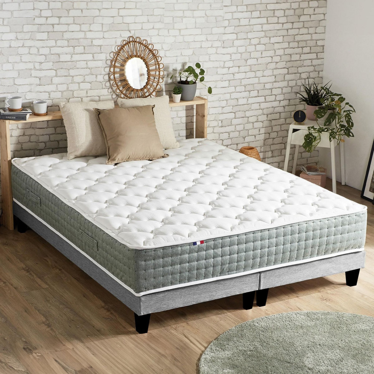 IDLITERIE Ensemble matelas Ressort 7 zones HYGGE + Sommier + couette + oreillers Fabriqué en France