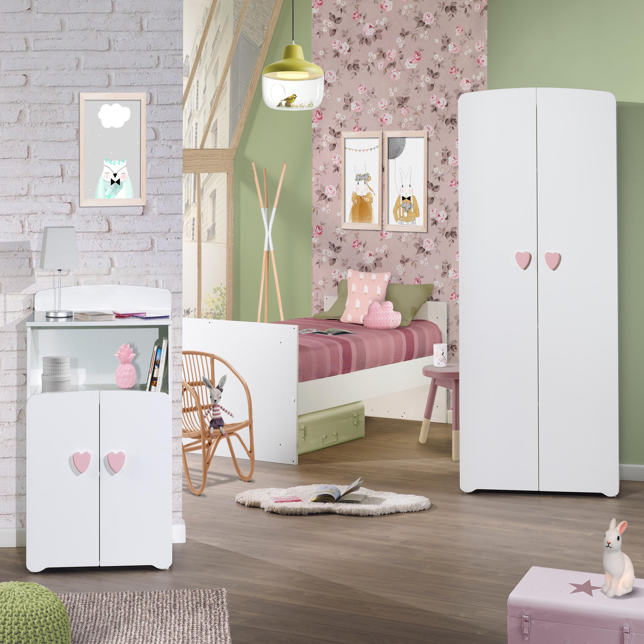 Voir la diapositive 3 : BABY PRICE Lit bébé combiné 60x120 cm évolutif en 90x190 cm NEW BASIC Boutons C&oelig;ur Rose