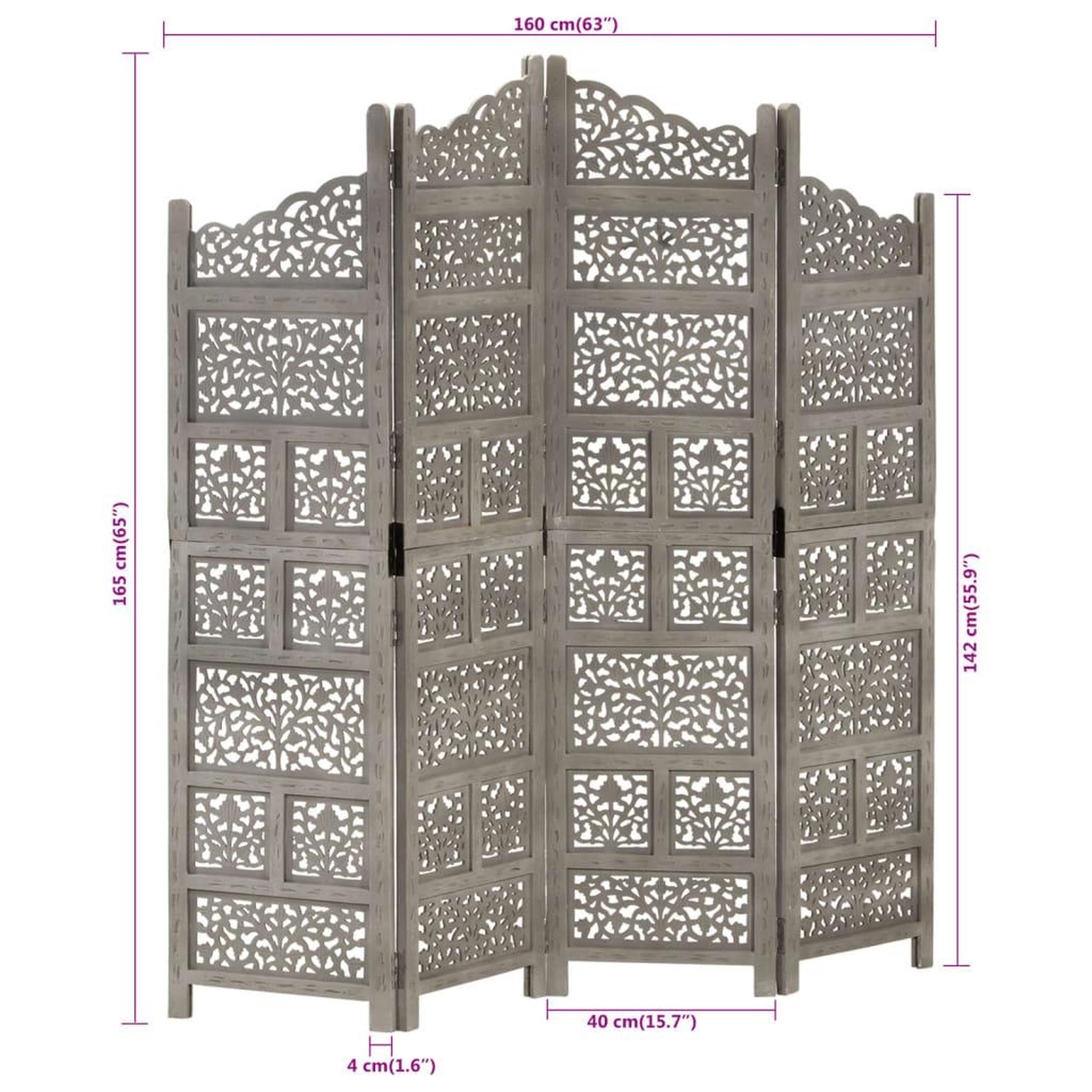 Voir la diapositive 6 : VIDAXL Cloison de separation 4 panneaux Gris 160x165 cm Bois manguier
