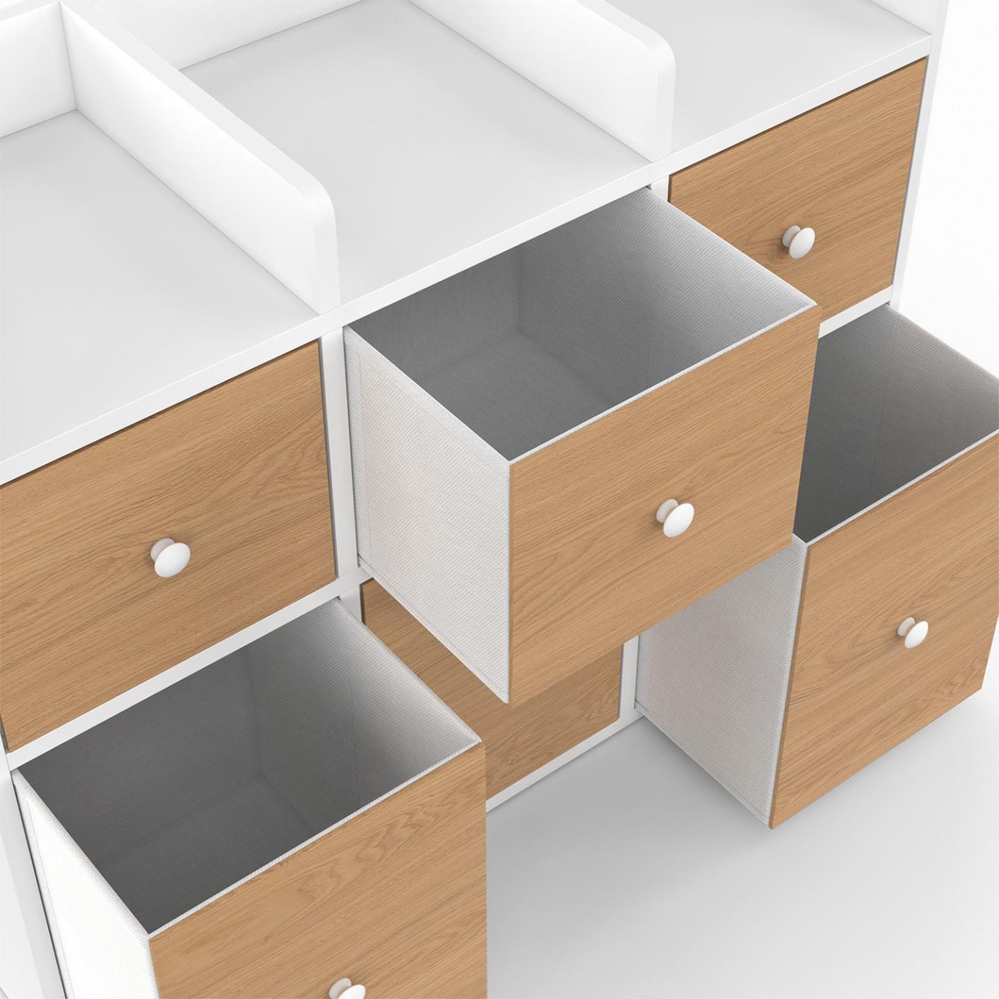Voir la diapositive 6 : ID MARKET Meuble de rangement enfant PABLO blanc 6 bacs en tissu façade effet hêtre et 3 étagères bibliothèque