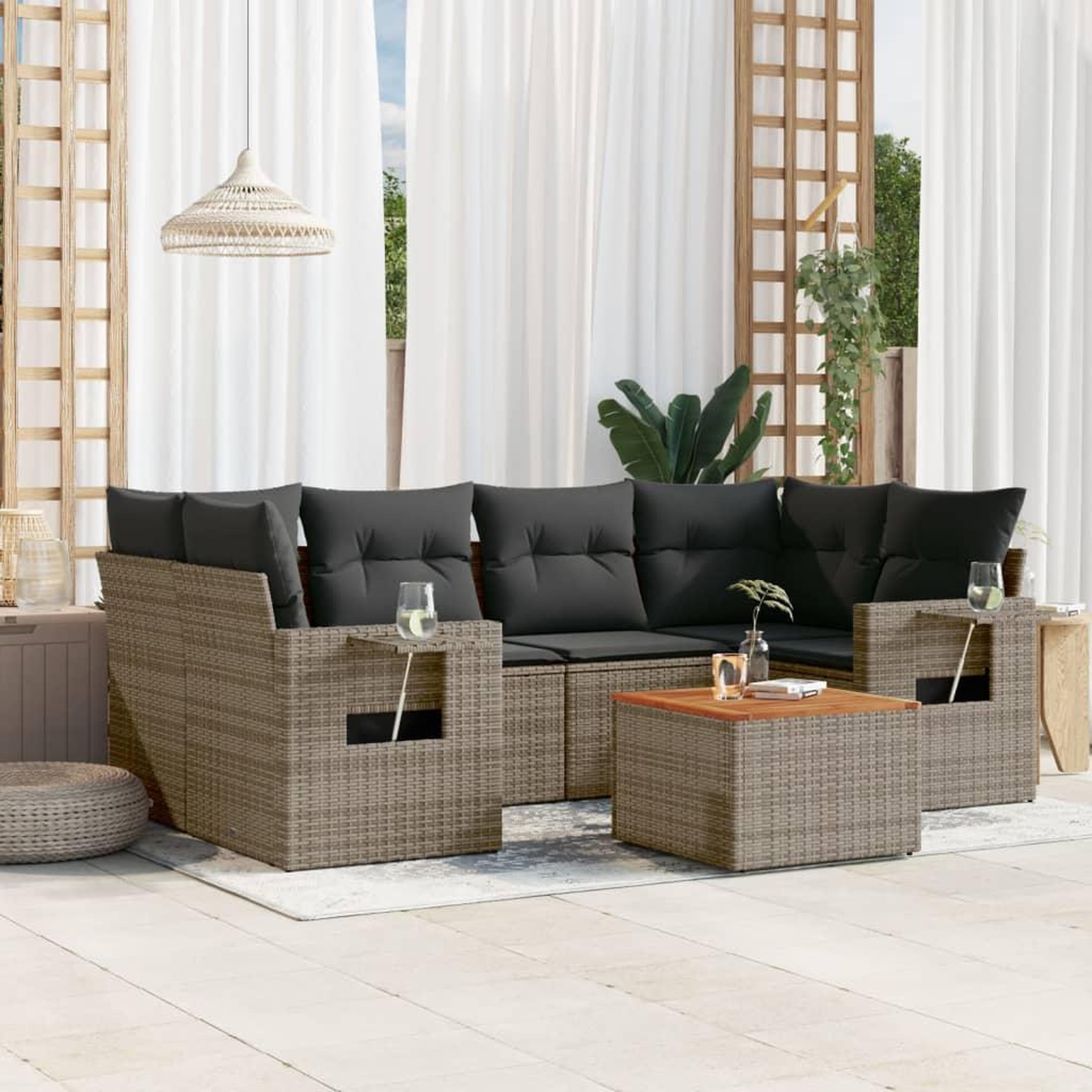 VIDAXL Salon de jardin avec coussins 7 pcs gris resine tressee