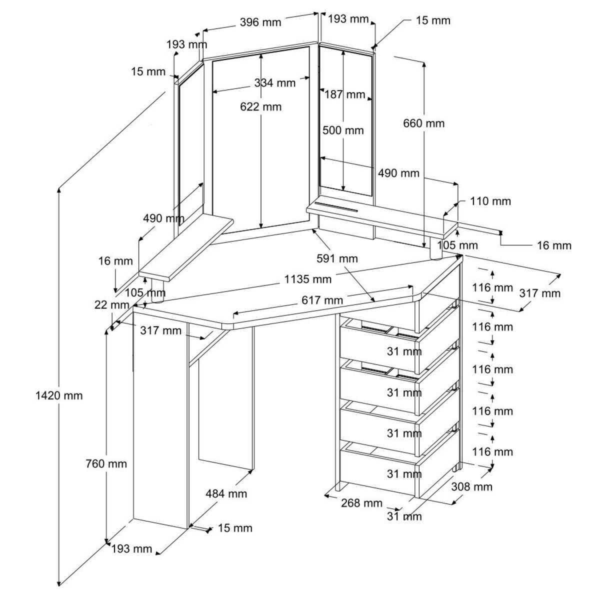 Coiffeuse d'angle 3 miroirs 5 tiroirs pivotants GIRLY