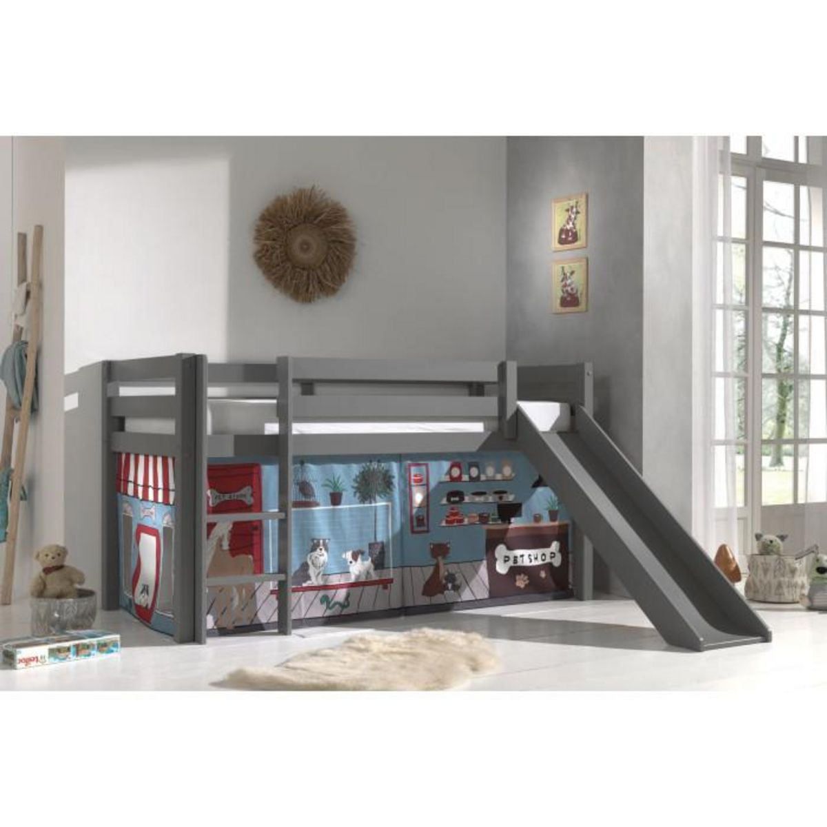 Paris Prix Lit Enfant Surélevé Avec Toboggan  Pino Pet Shop  90x200cm Gris
