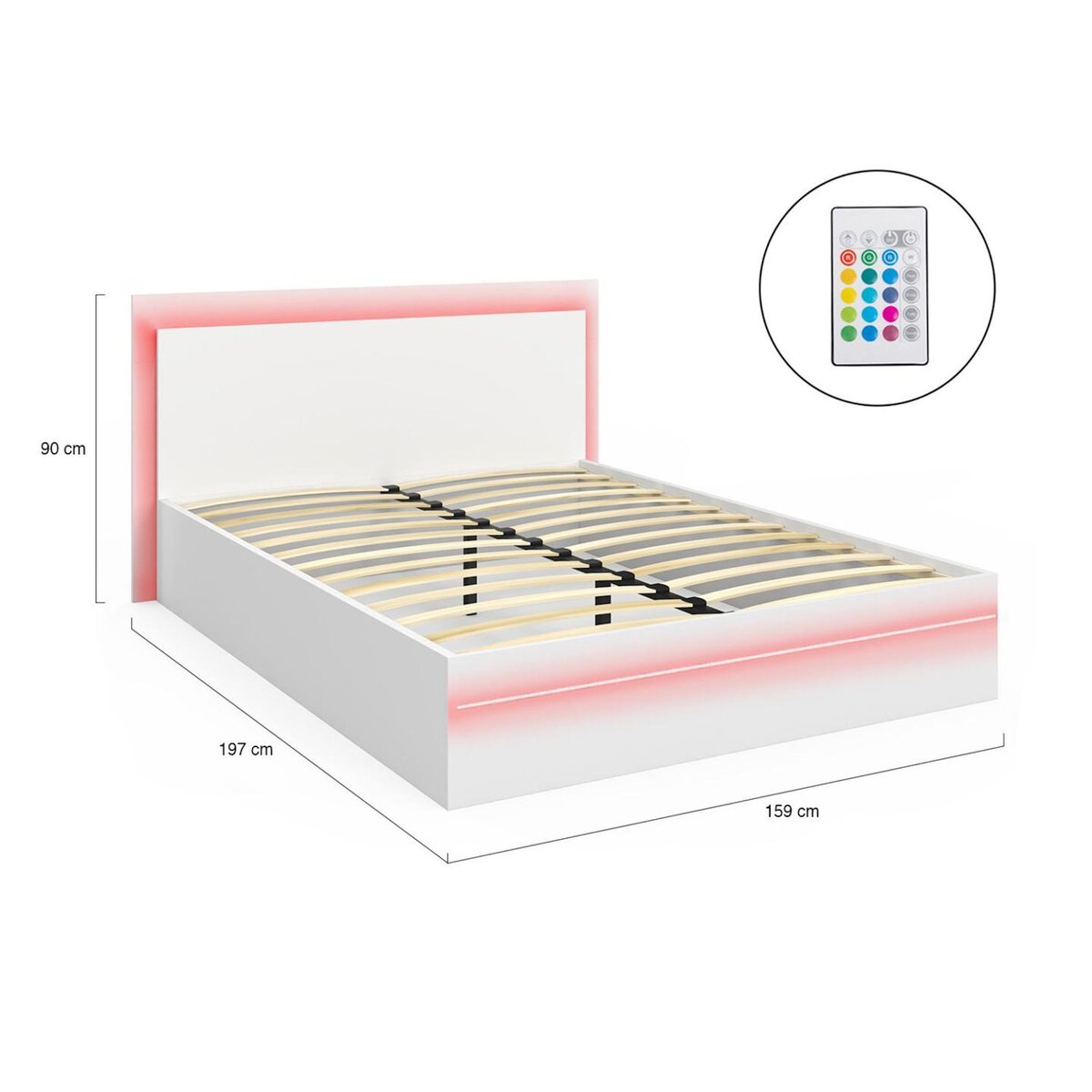 ID MARKET Lit double CHARLIE 140 x 190 cm avec sommier et LED intégrées blanc