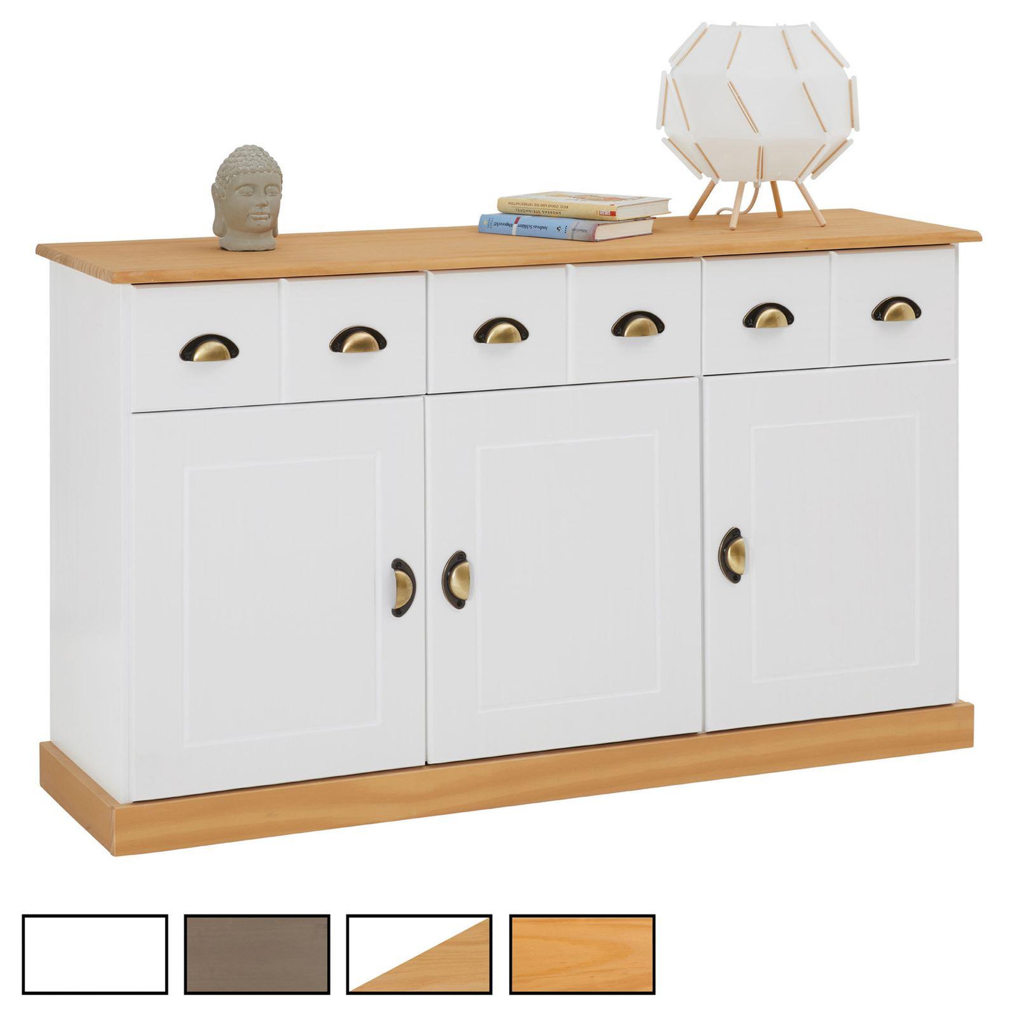 IDIMEX Buffet PARIS en pin massif, 3 portes et 3 tiroirs. Coloris disponibles : Blanc