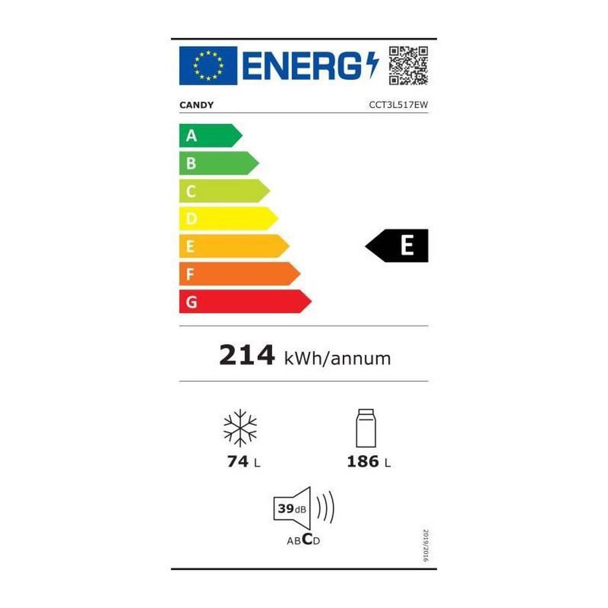 Voir la diapositive 4 : Candy Réfrigérateur combiné 260L Classe E 39dB blanc – Candy CCT3L517EW