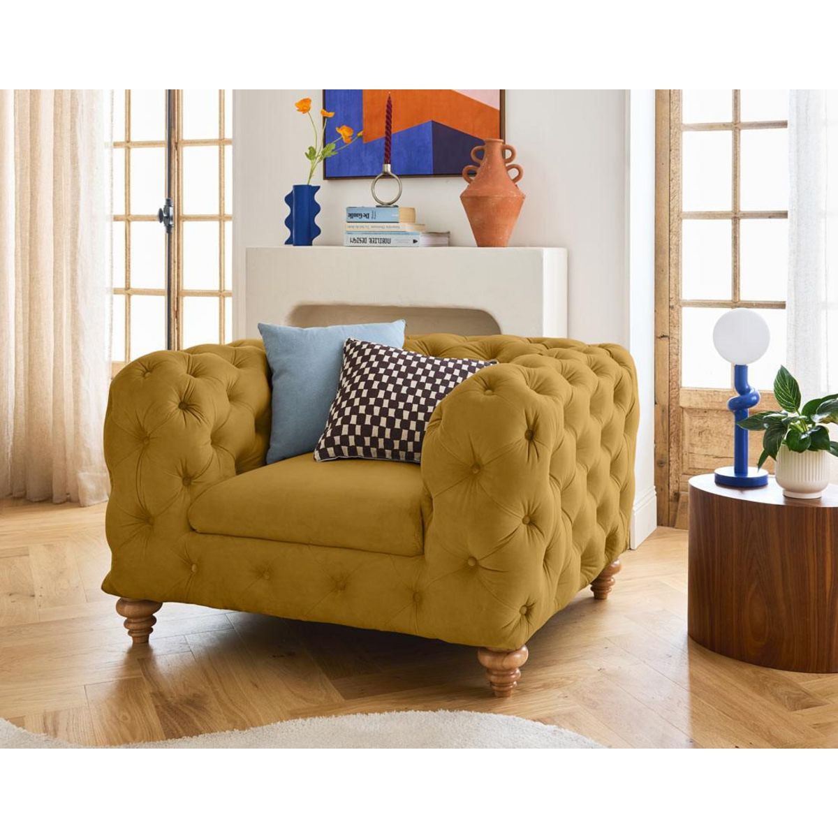 LISA DESIGN Walter - fauteuil chesterfield en velours - pieds bois