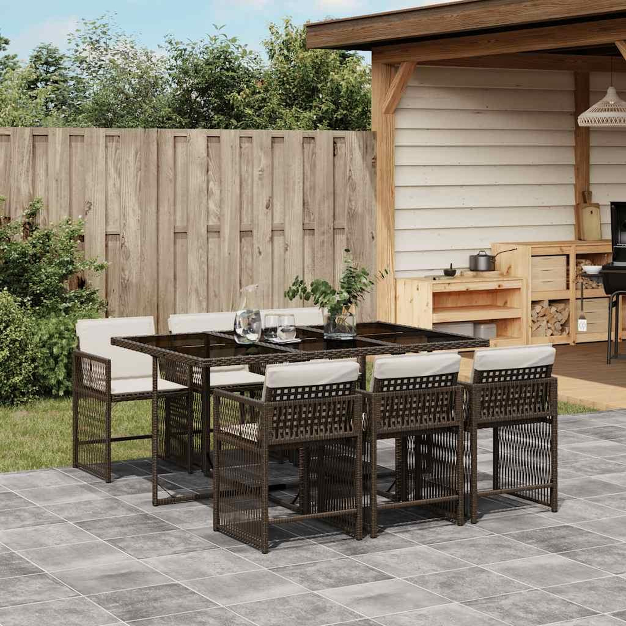 VIDAXL Ensemble a manger de jardin et coussins 7 pcs marron rotin