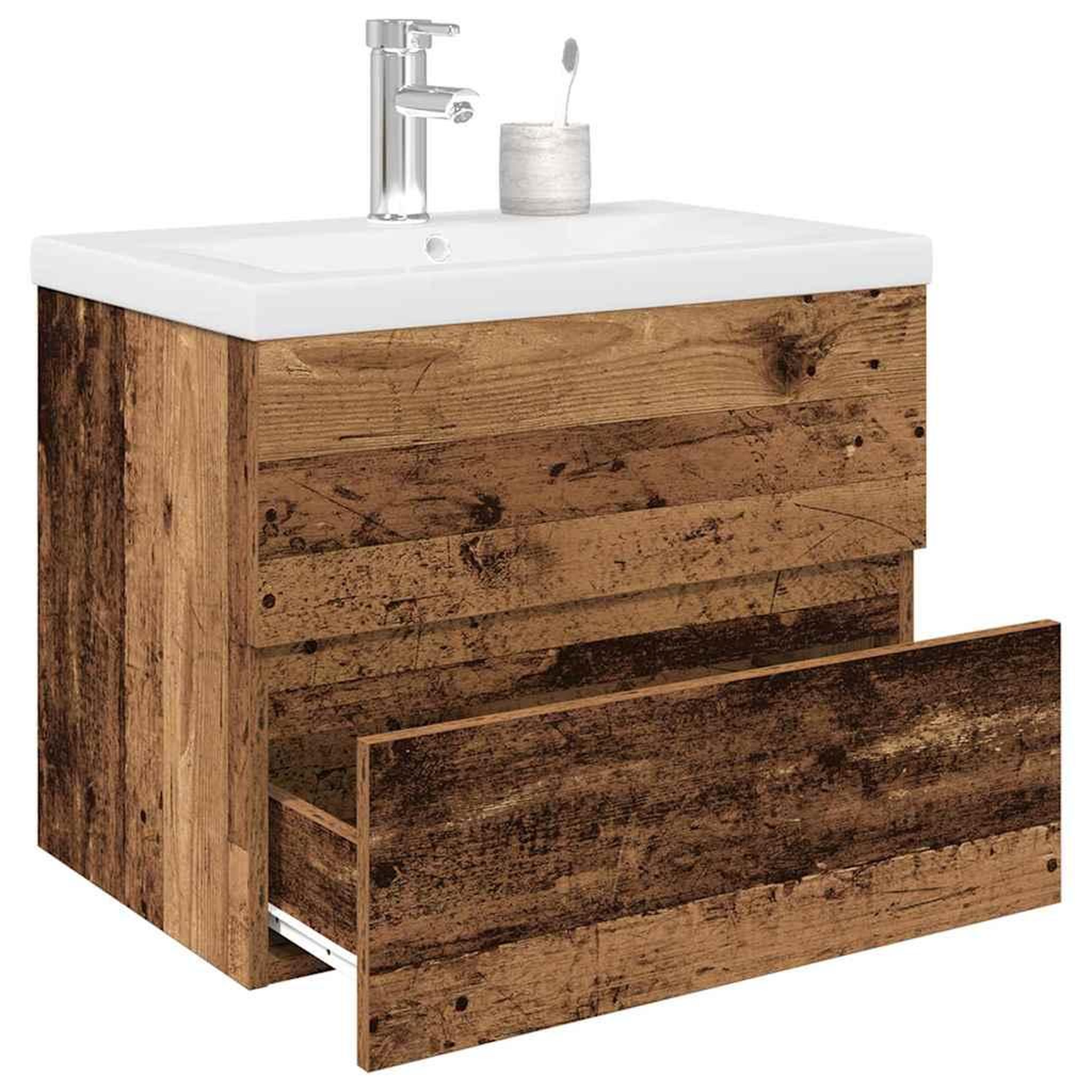 VIDAXL Meuble lavabo avec bassin et robinet integres vieux bois